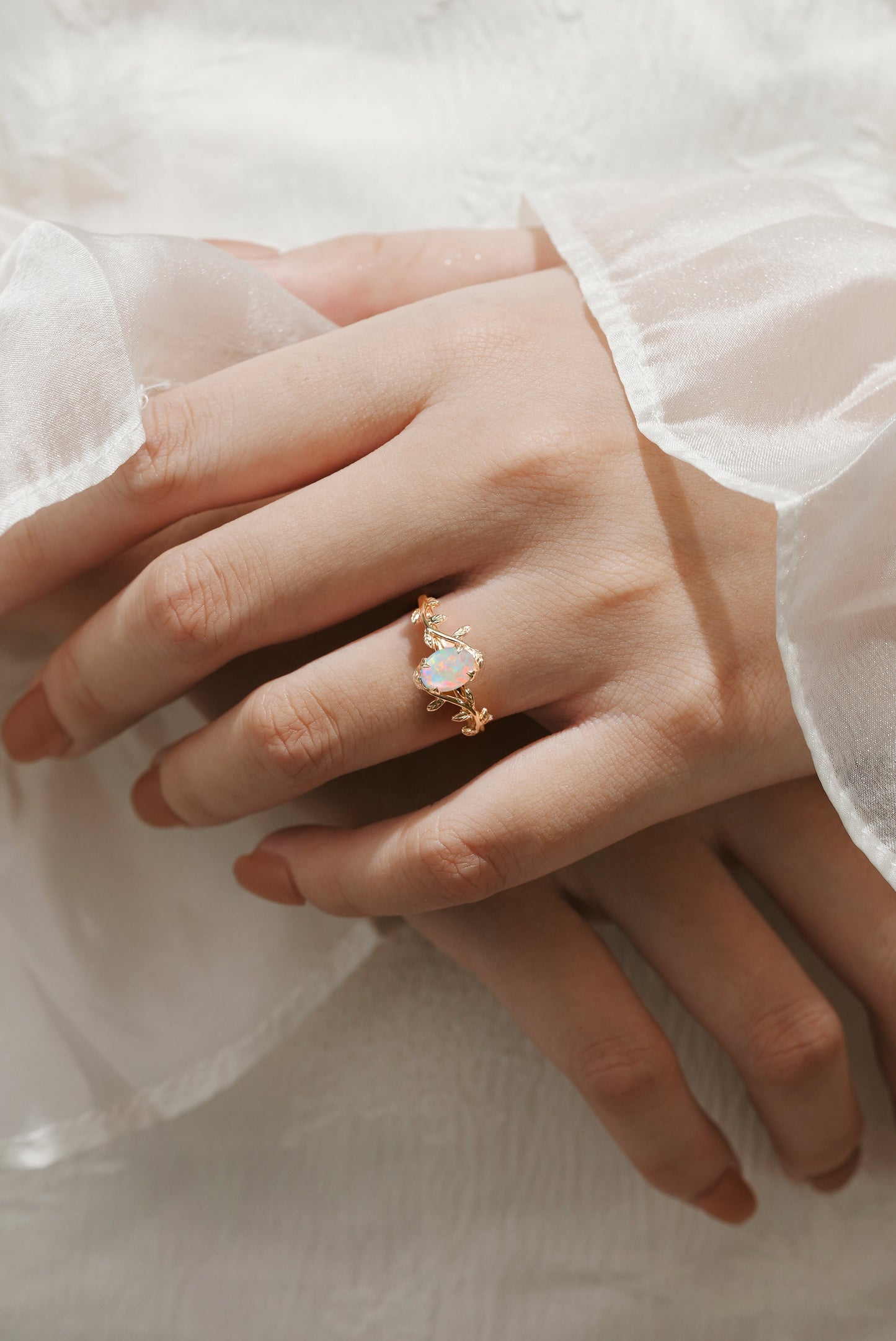 Oval Cut Opal Nature Inspired Leaf Engagement Ring Set 2pcs