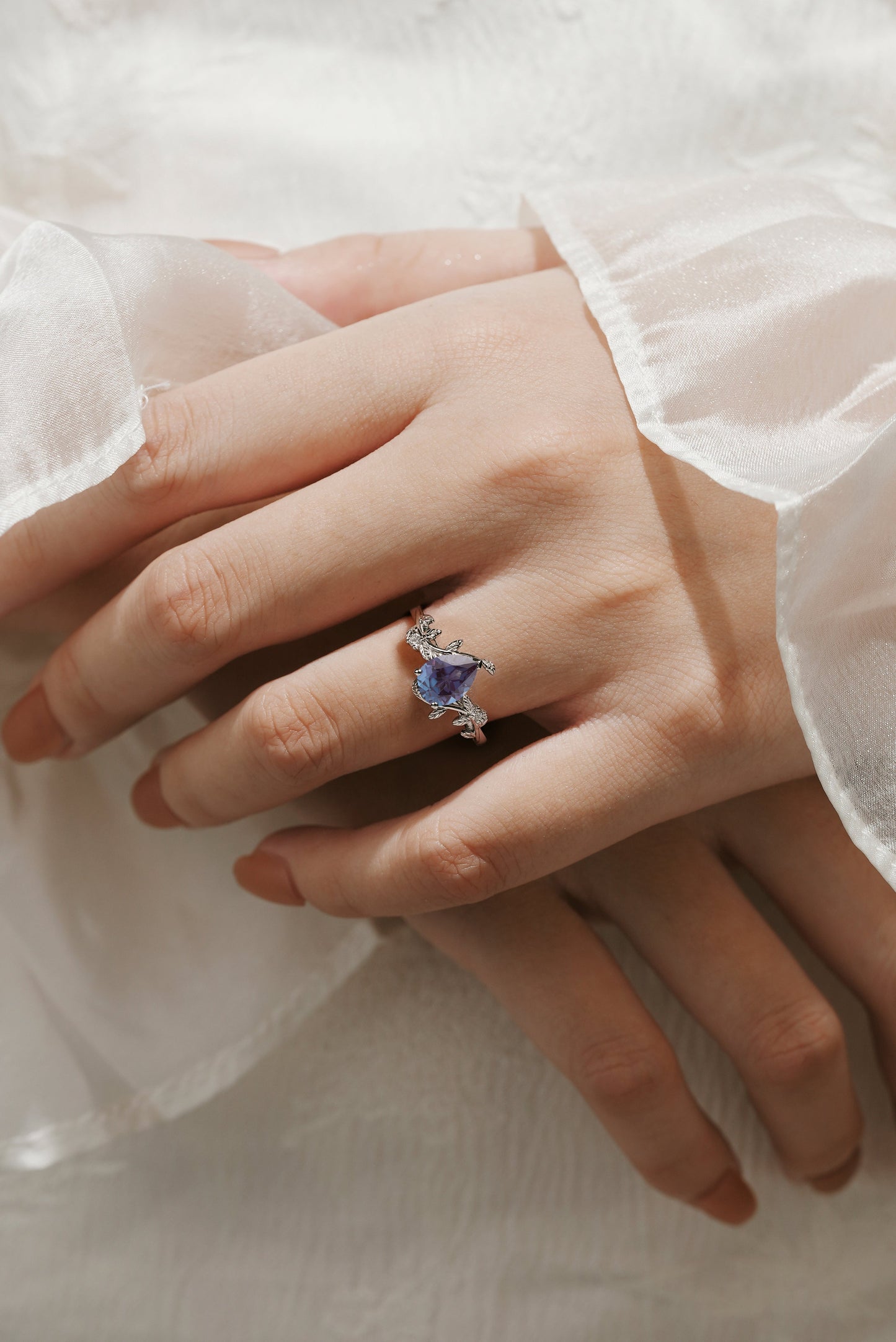 Pear Cut Alexandrite Leaf Inspired Engagement Ring