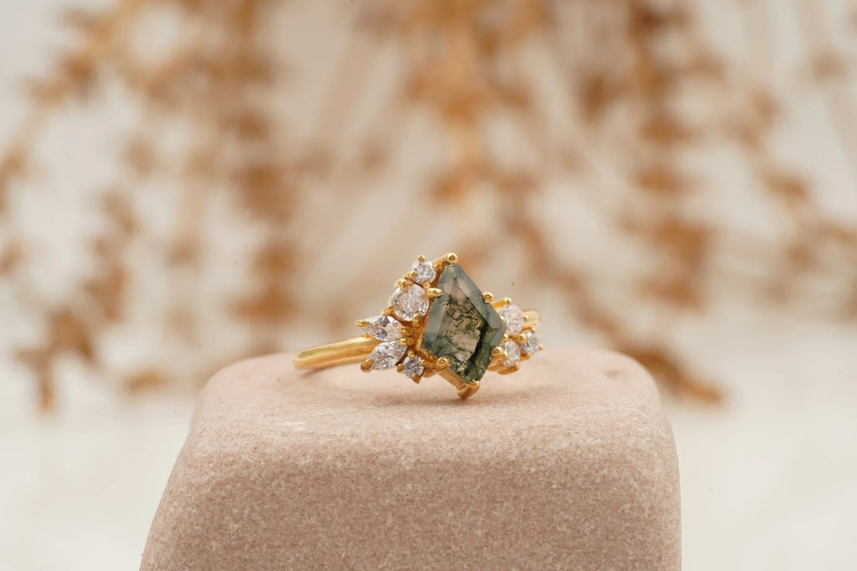 Kite Cut Moss Agate Cluster Diamond Engagement Ring