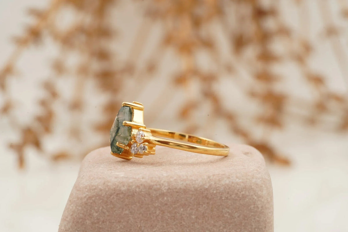 Kite Cut Moss Agate Cluster Diamond Engagement Ring