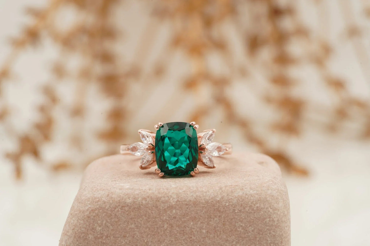 Green Emerald Marquise Diamond Cluster Engagement Ring