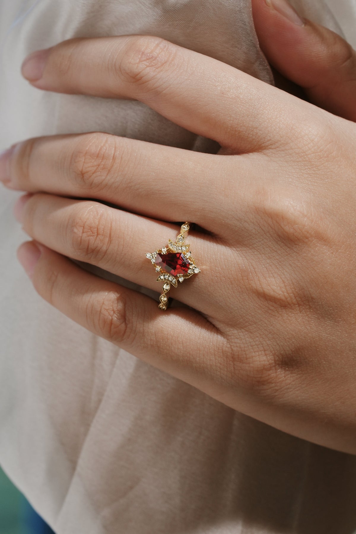Coffin Cut Lab Grown Ruby Moon Inspired Engagement Ring