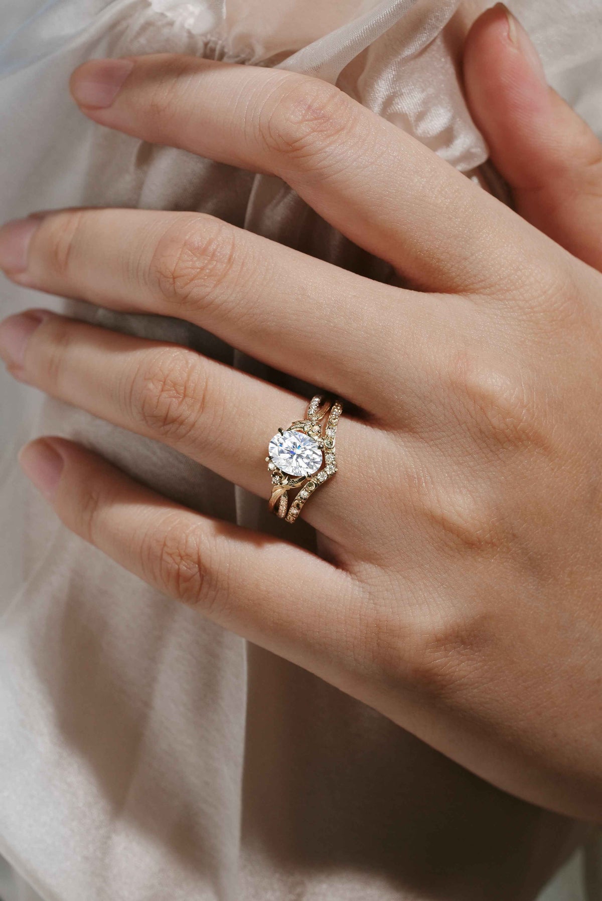 Moissanite Leaf Bark Texture Engagement Ring Sets 2pcs