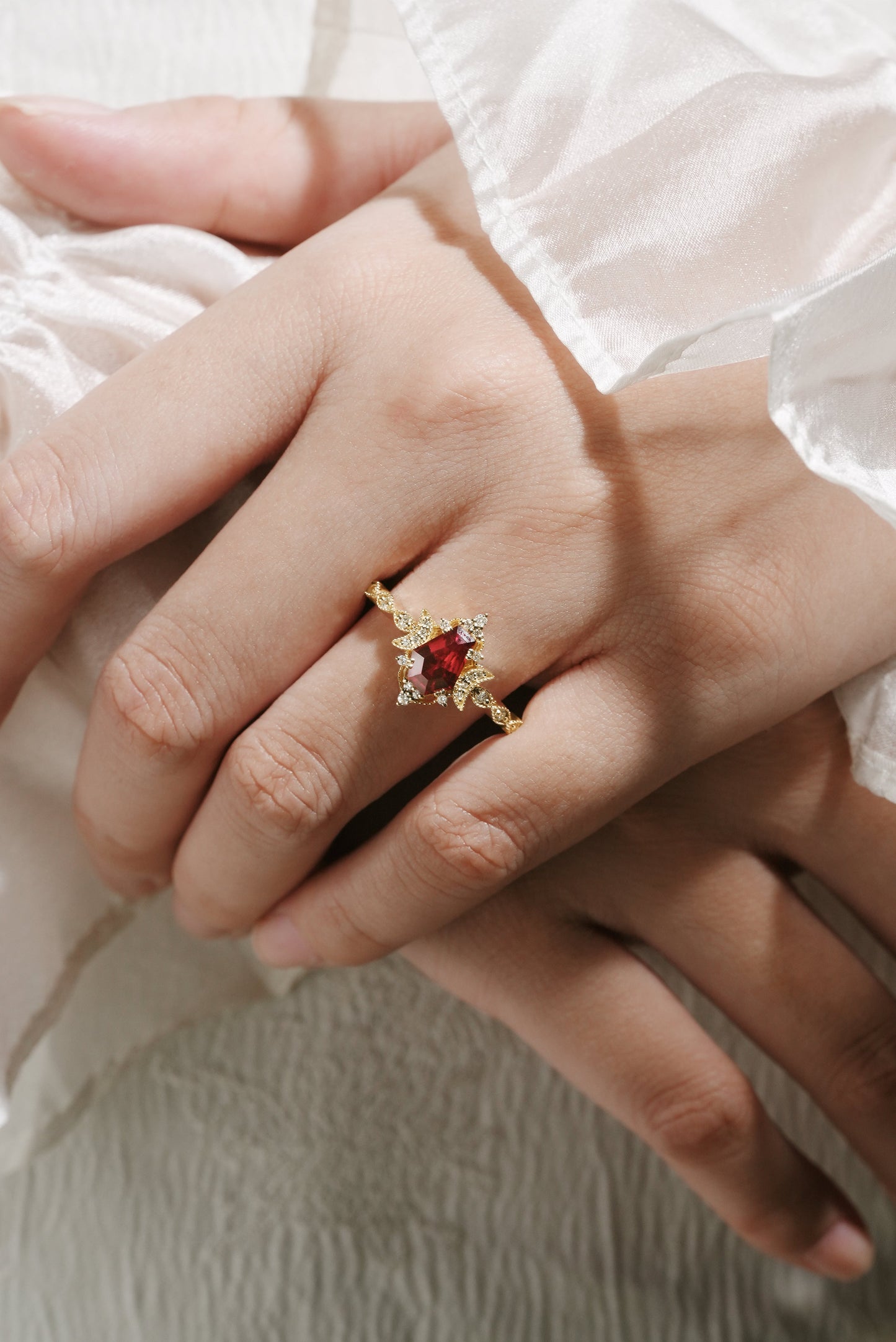 Coffin Cut Lab Grown Ruby Moon Inspired Engagement Ring