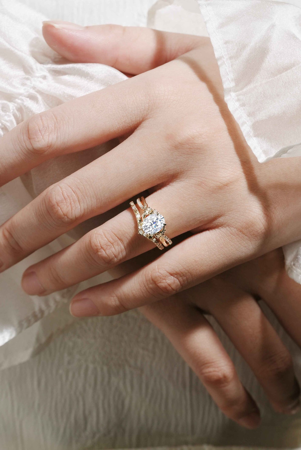 Moissanite Leaf Bark Texture Engagement Ring Sets 2pcs