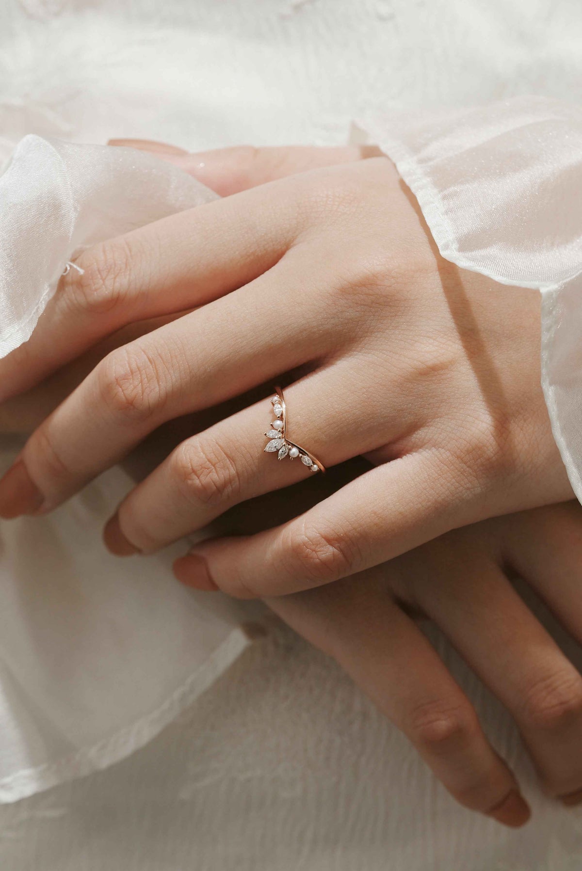 Curved Moissanite / Diamond & Pearl Stackable Wedding Band For Mercan