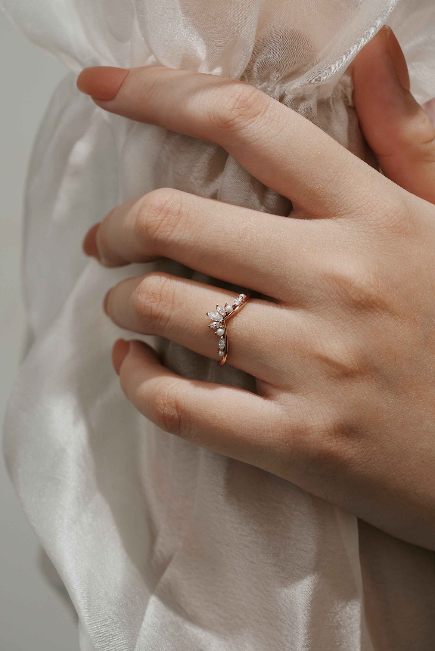 Curved Moissanite / Diamond & Pearl Stackable Wedding Band For Mercan