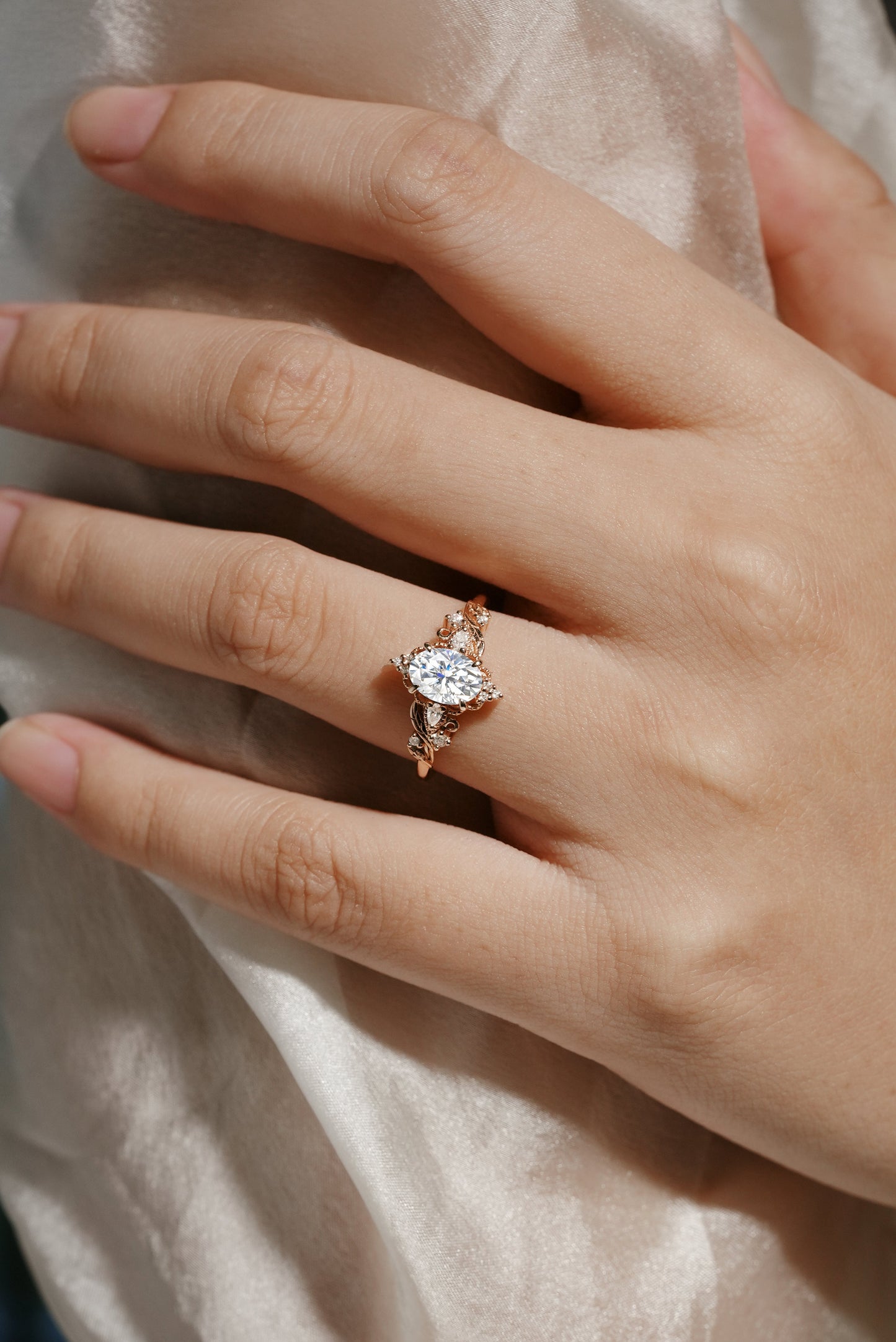 Oval Cut Moissanite Ring with Elongated Leaf Design – Aurelia