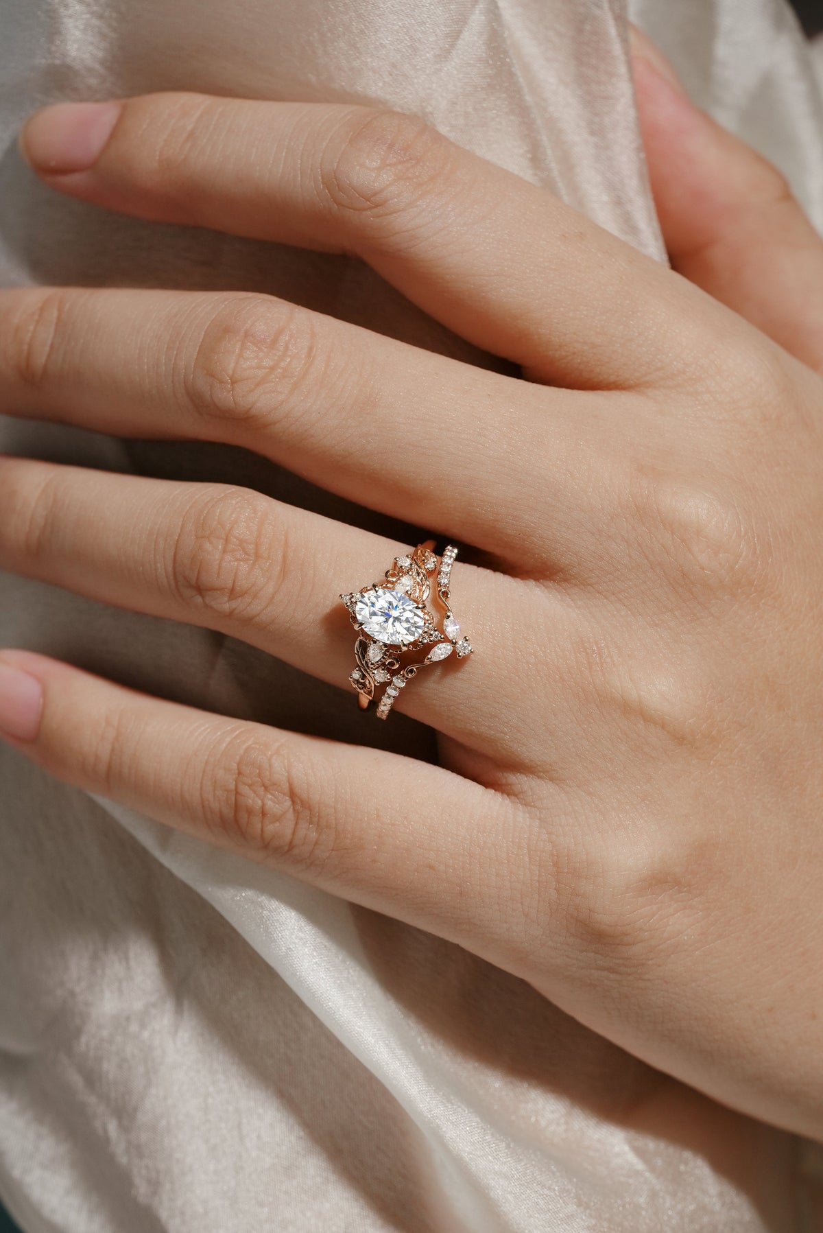Elongated Leaf Oval Cut Moissanite Ring Set 2pcs