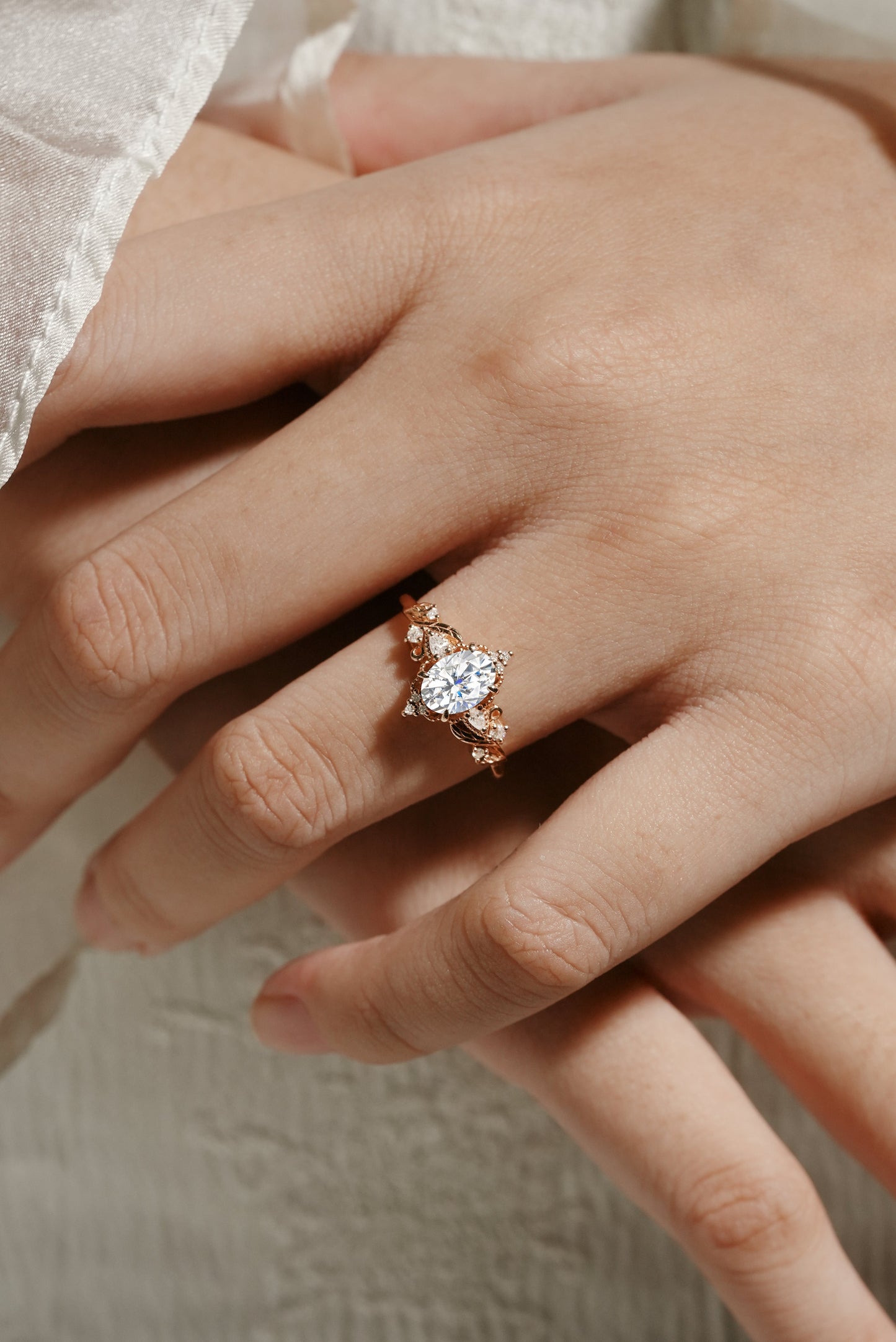 Oval Cut Moissanite Ring with Elongated Leaf Design – Aurelia