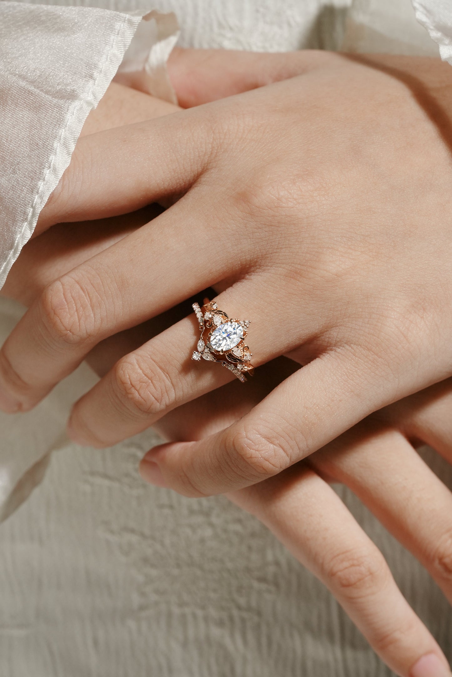 Elongated Leaf Oval Cut Moissanite Ring Set 2pcs