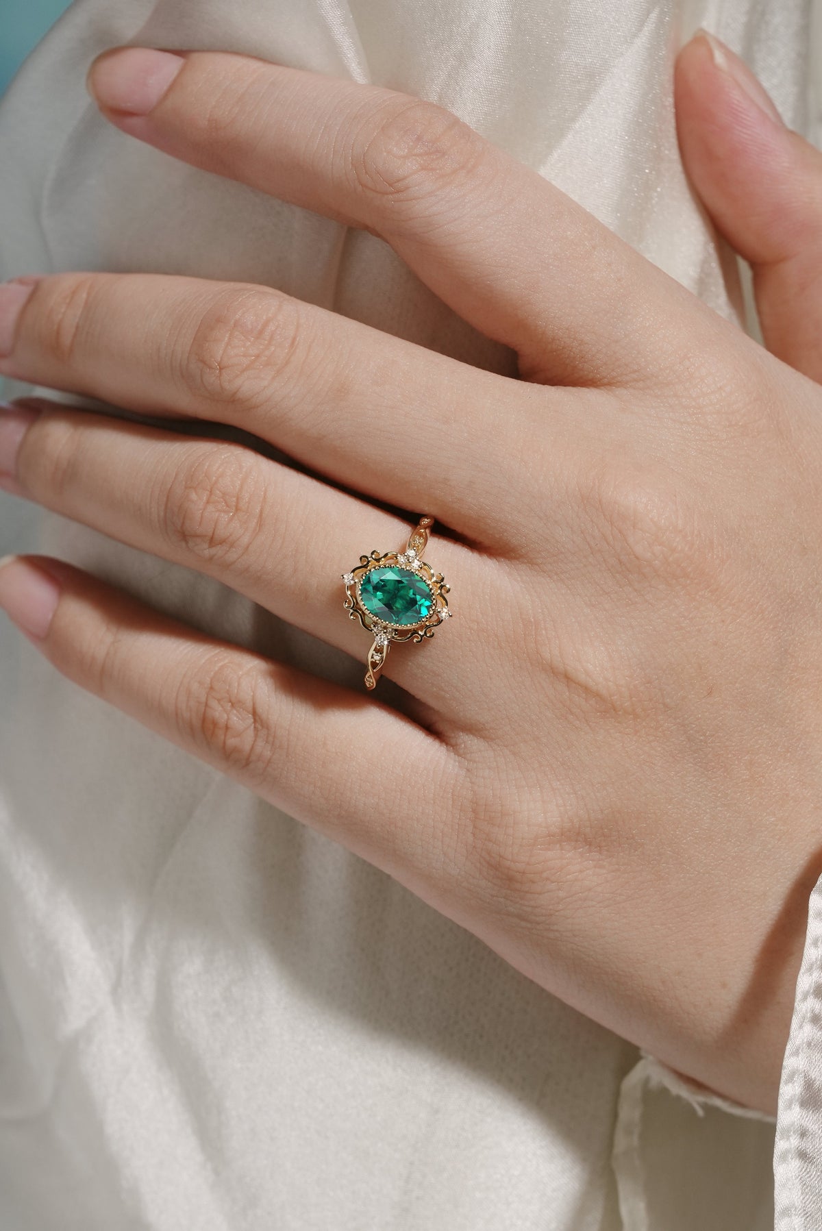 Vintage Royal Court Style Lab Grown Emerald Engagement Ring