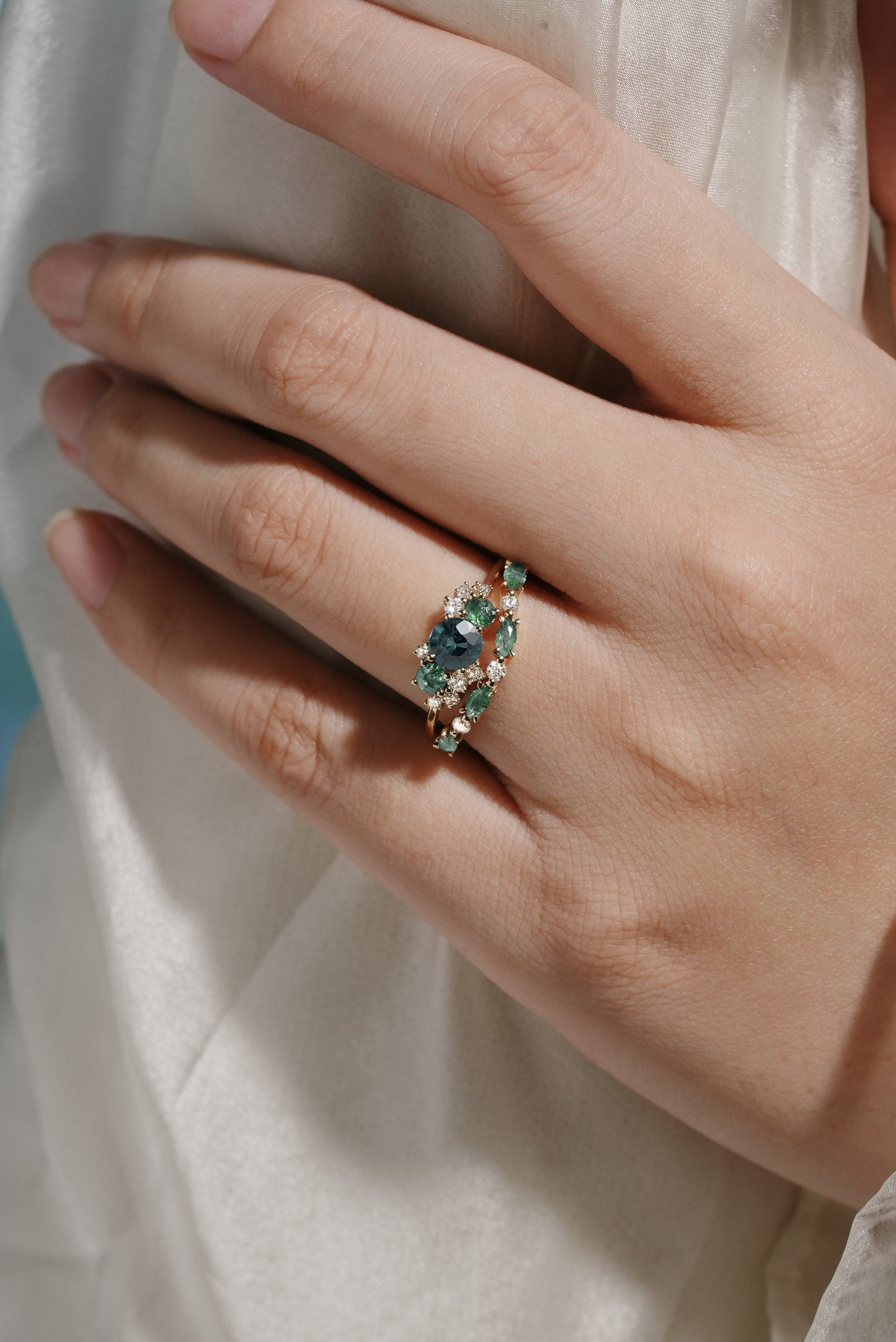 Teal Sapphire Ring With Moss Agate & Moissainte Ring Sets 2pcs