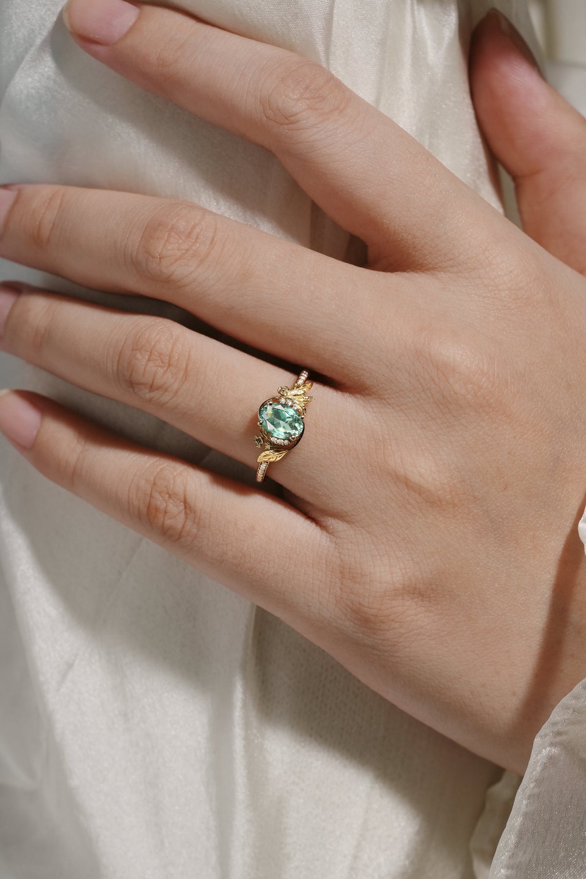 Oval Green Sapphire Engagement Ring with Leaf & Flower