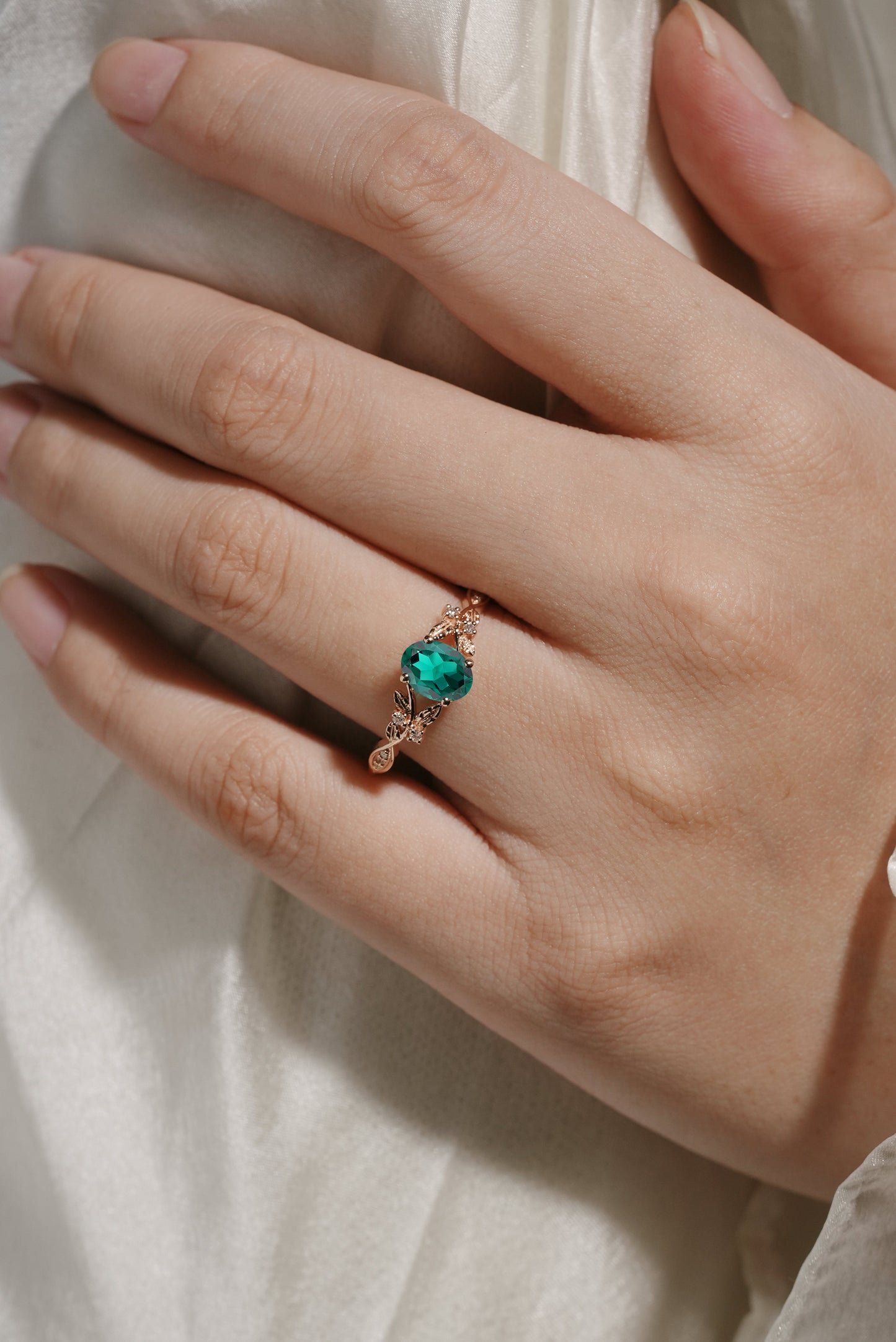 Oval Cut Lab Grown Emerald Leaf Engagement Ring