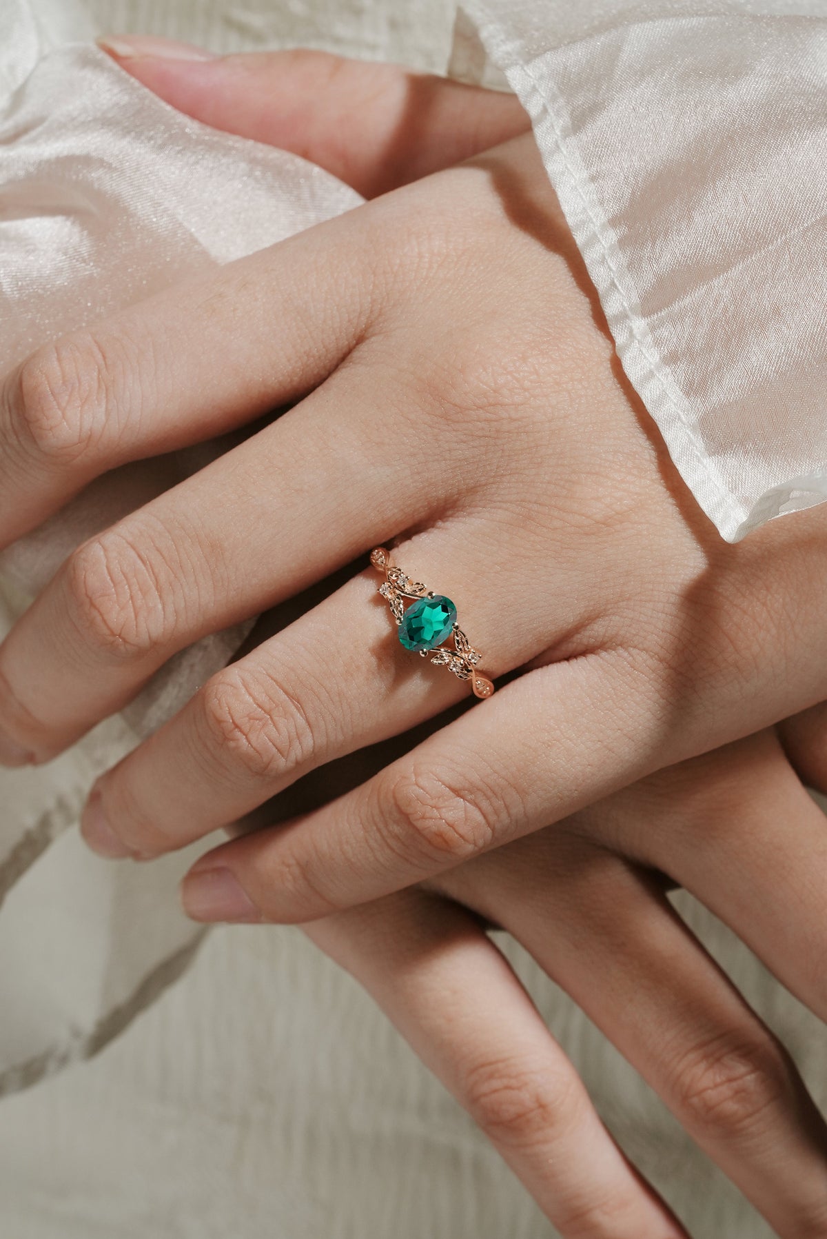 Oval Cut Lab Grown Emerald Leaf Engagement Ring