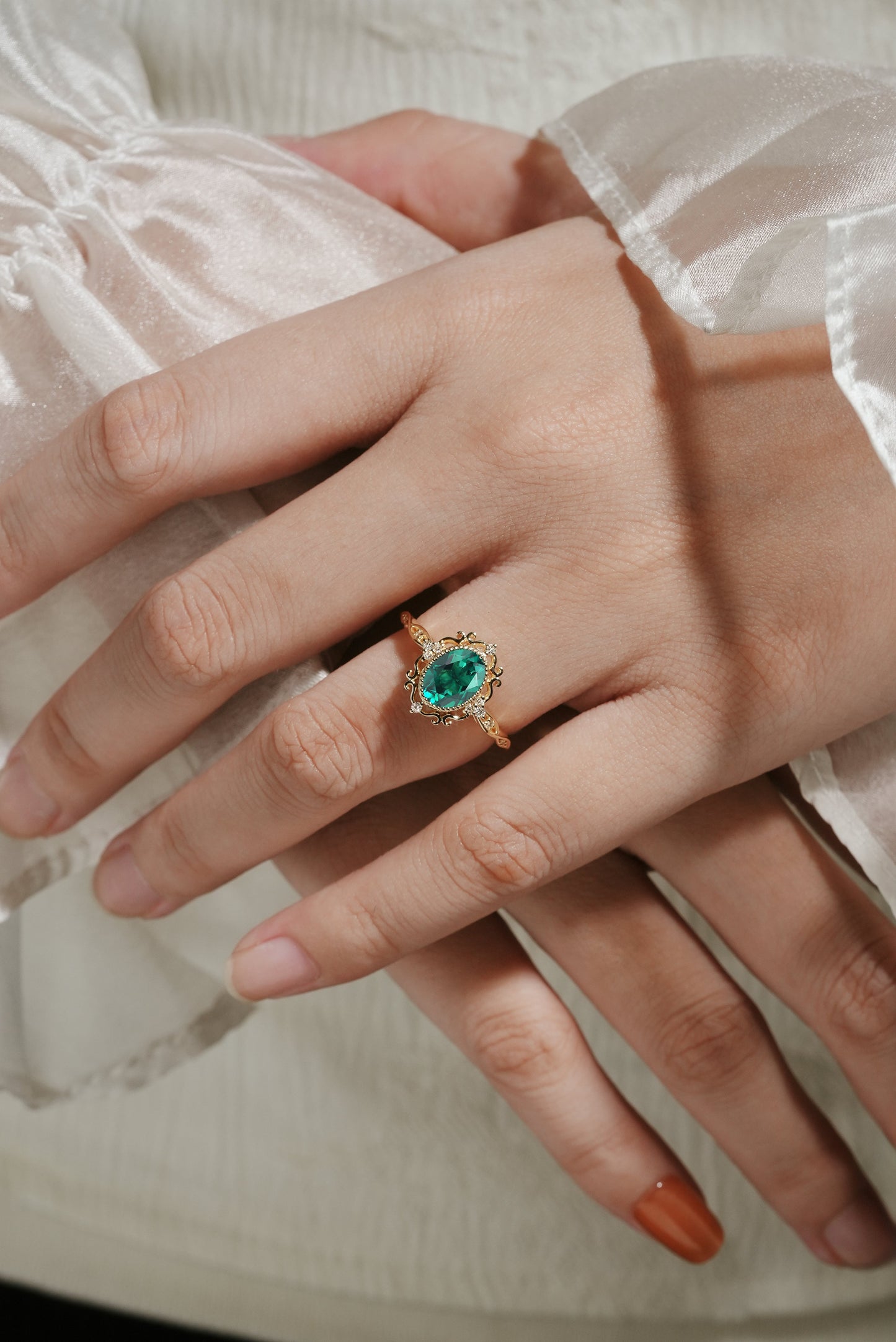 Vintage Royal Court Style Lab Grown Emerald Engagement Ring