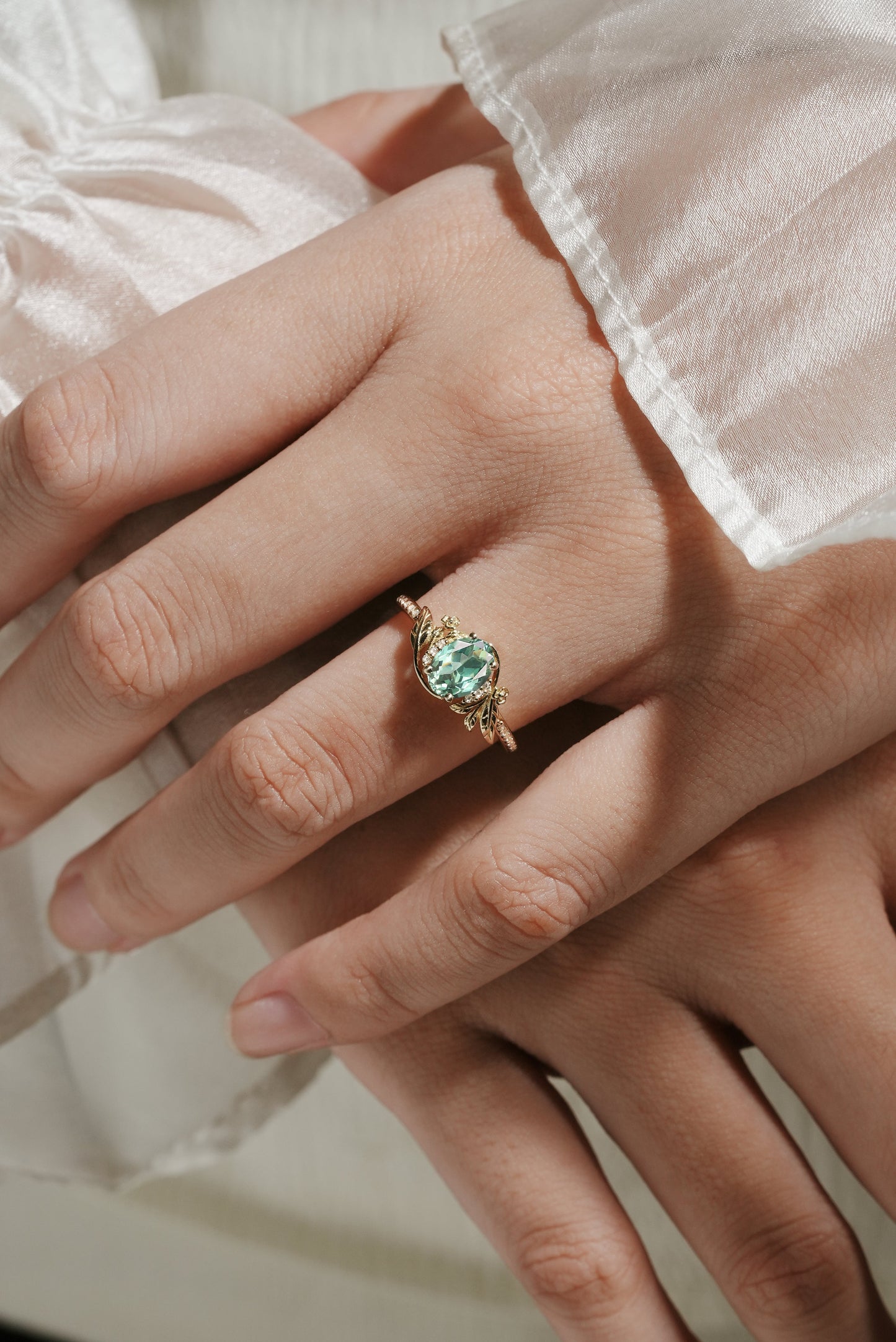 Oval Green Sapphire Engagement Ring with Leaf & Flower