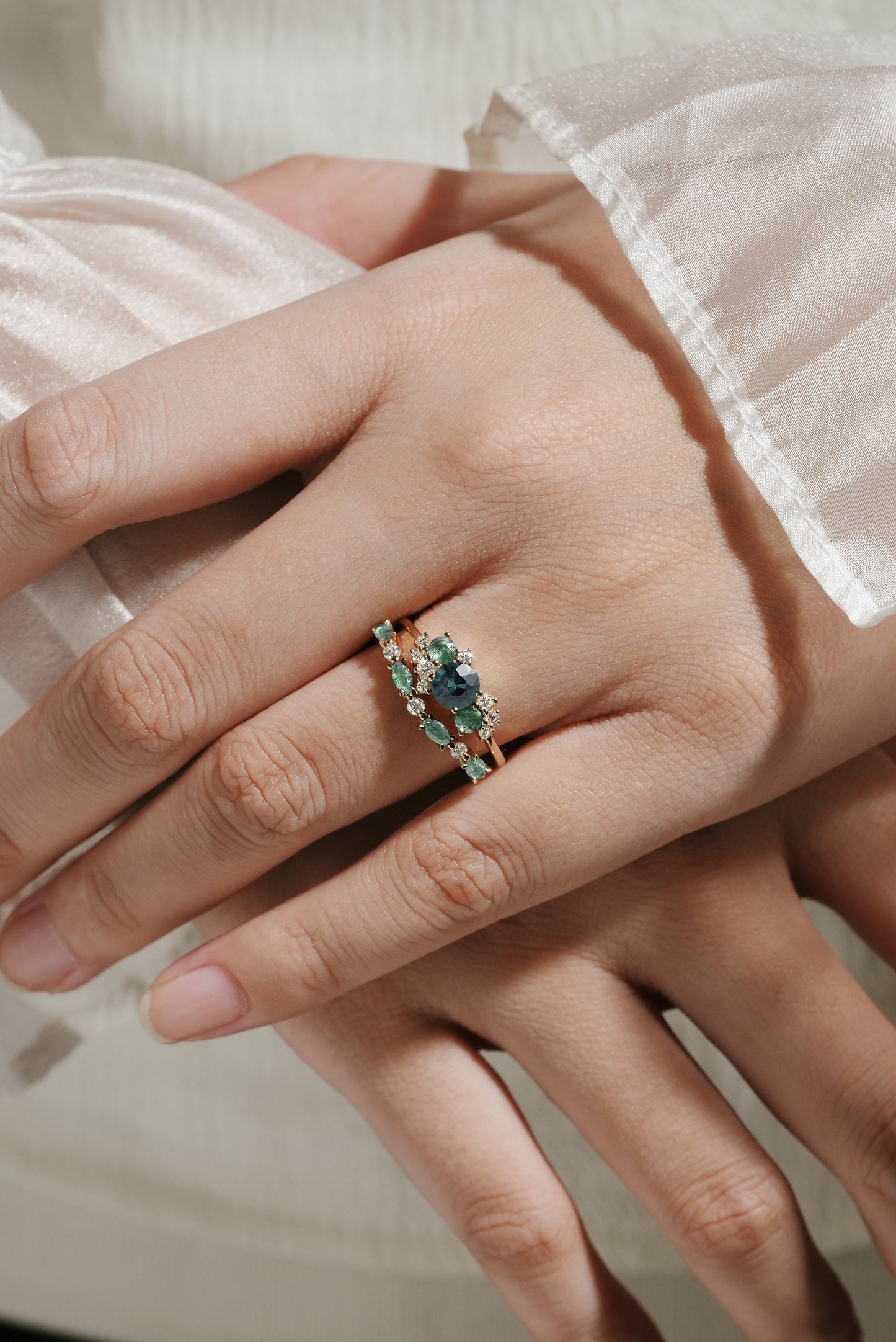 Teal Sapphire Ring With Moss Agate & Moissainte Ring Sets 2pcs