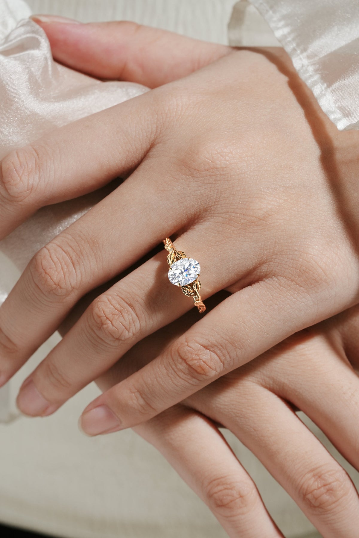 Oval Moissanite Engagement Ring with Leaf Inspired Band - Leafora