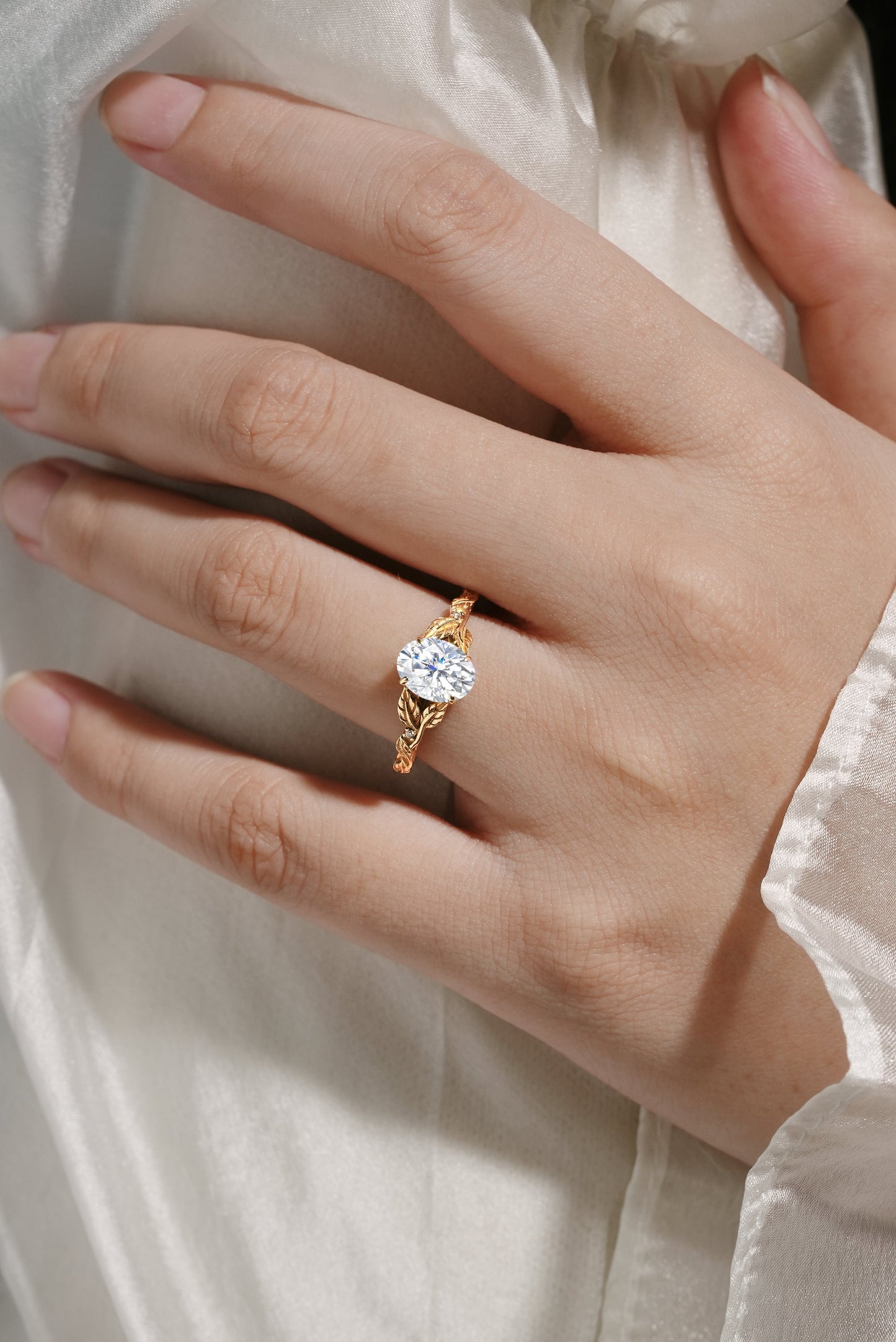 Oval Moissanite Engagement Ring with Leaf Inspired Band - Leafora