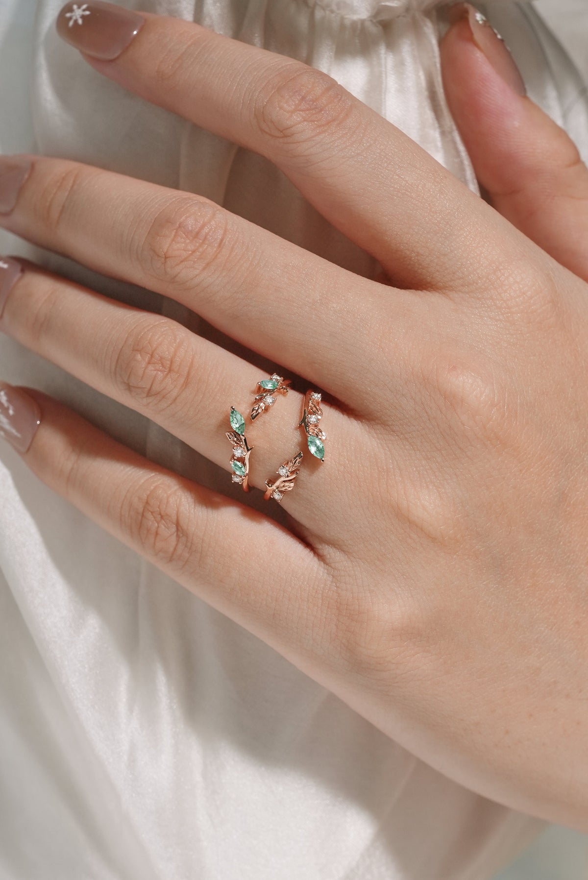 Moss Agate Enhancer Leaf Double Wedding Band