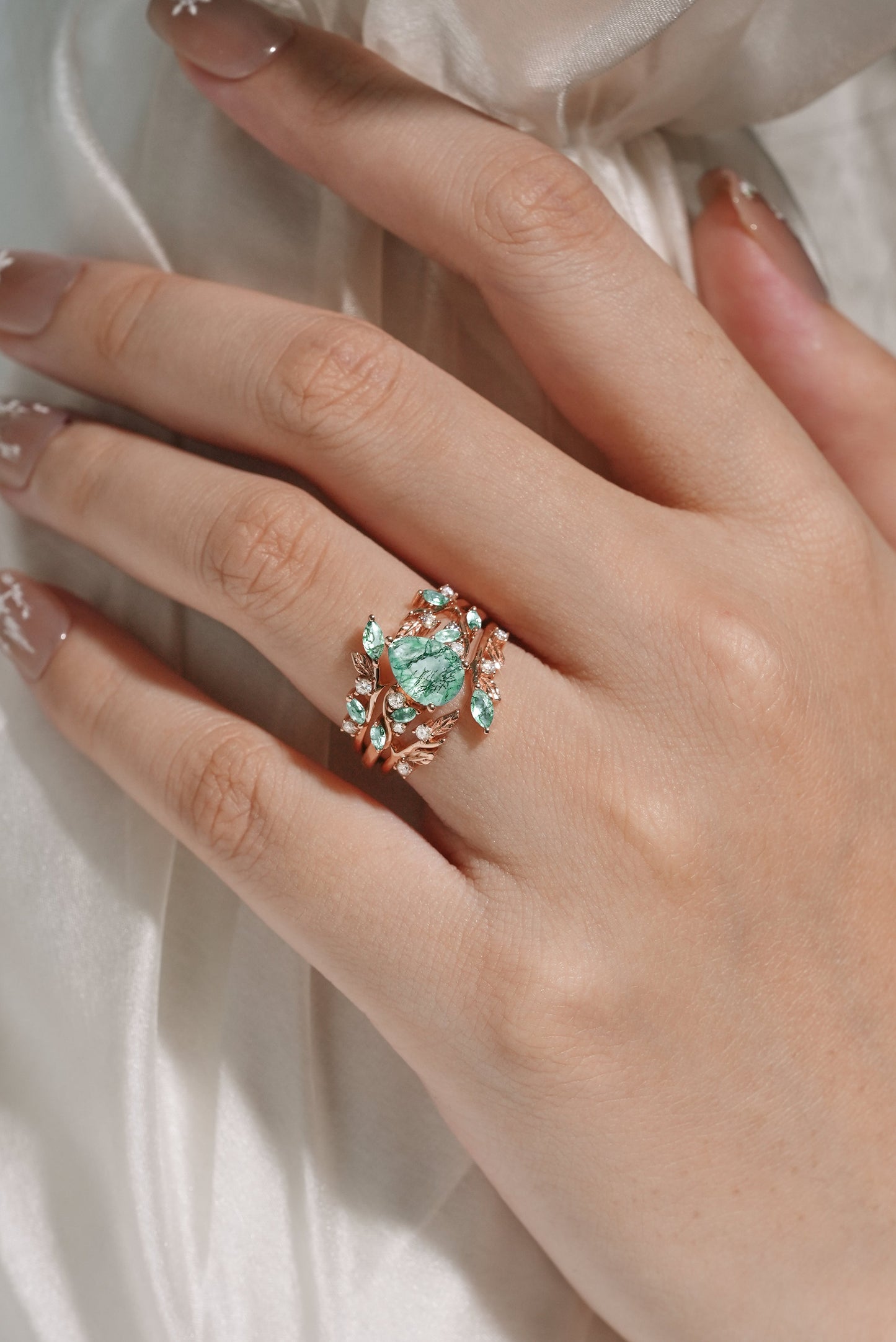 Moss Agate Engagement Ring With Enhancer Leaf Branch Double Wedding Band