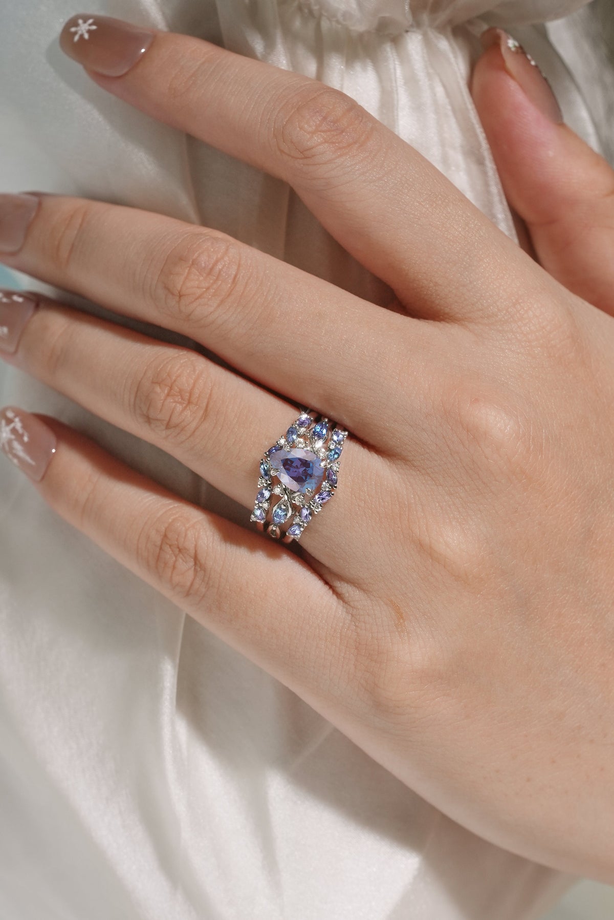 Alexandrite Engagement Ring With Enhancer Wedding Band 2pcs