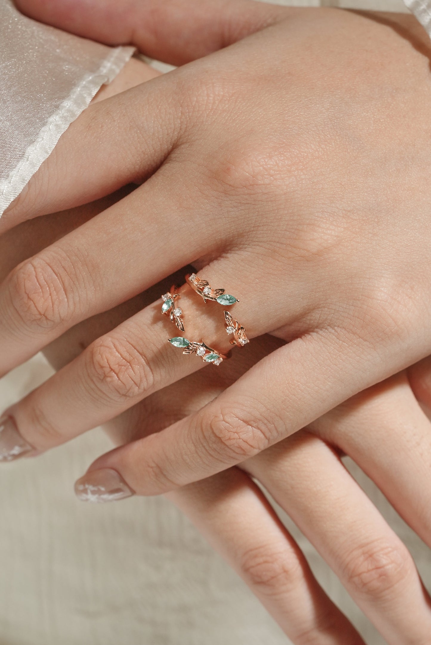 Moss Agate Enhancer Leaf Double Wedding Band