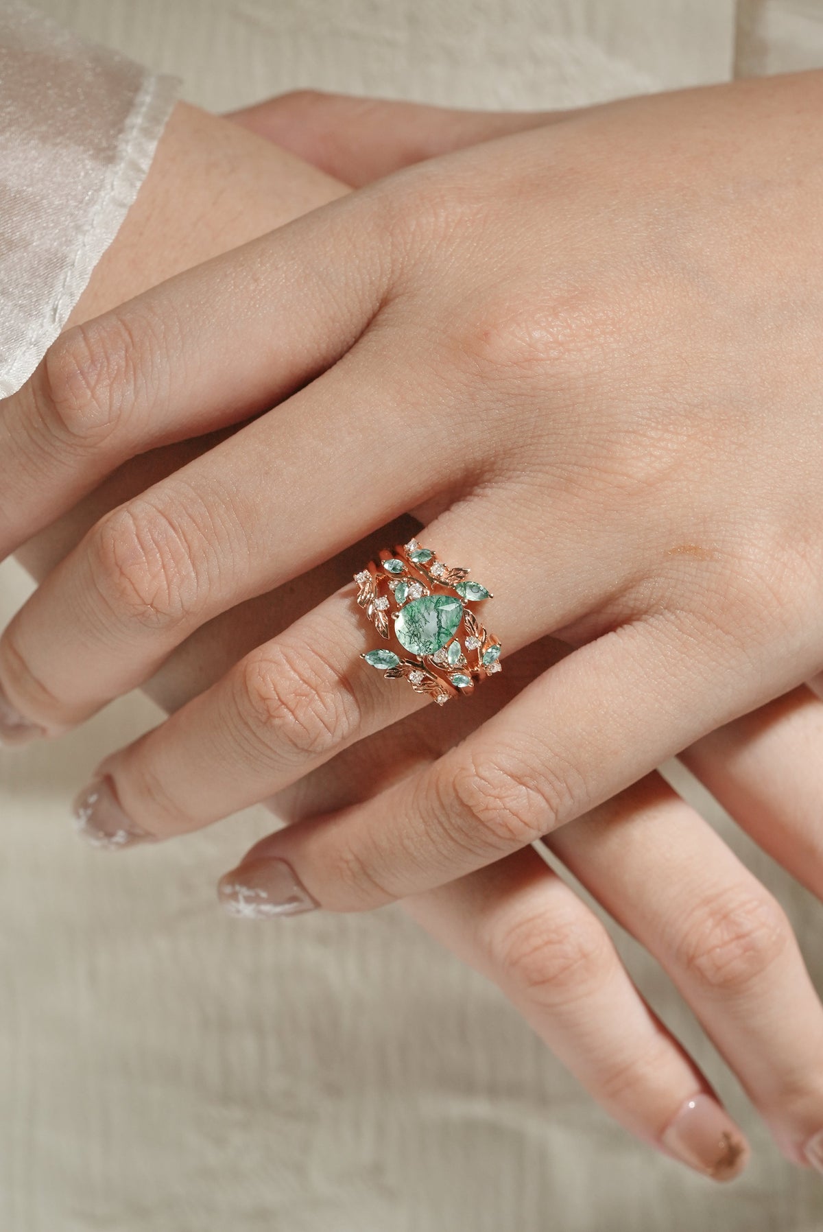 Moss Agate Engagement Ring With Enhancer Leaf Branch Double Wedding Band