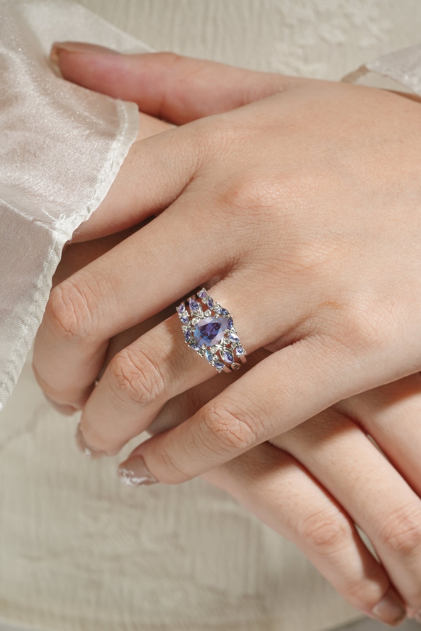 Alexandrite Engagement Ring With Enhancer Wedding Band 2pcs
