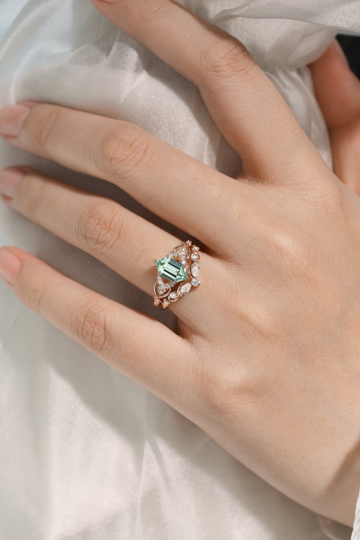 Long Hexagon Green Sapphire Bridal Set Moissanite Cluster 2pcs
