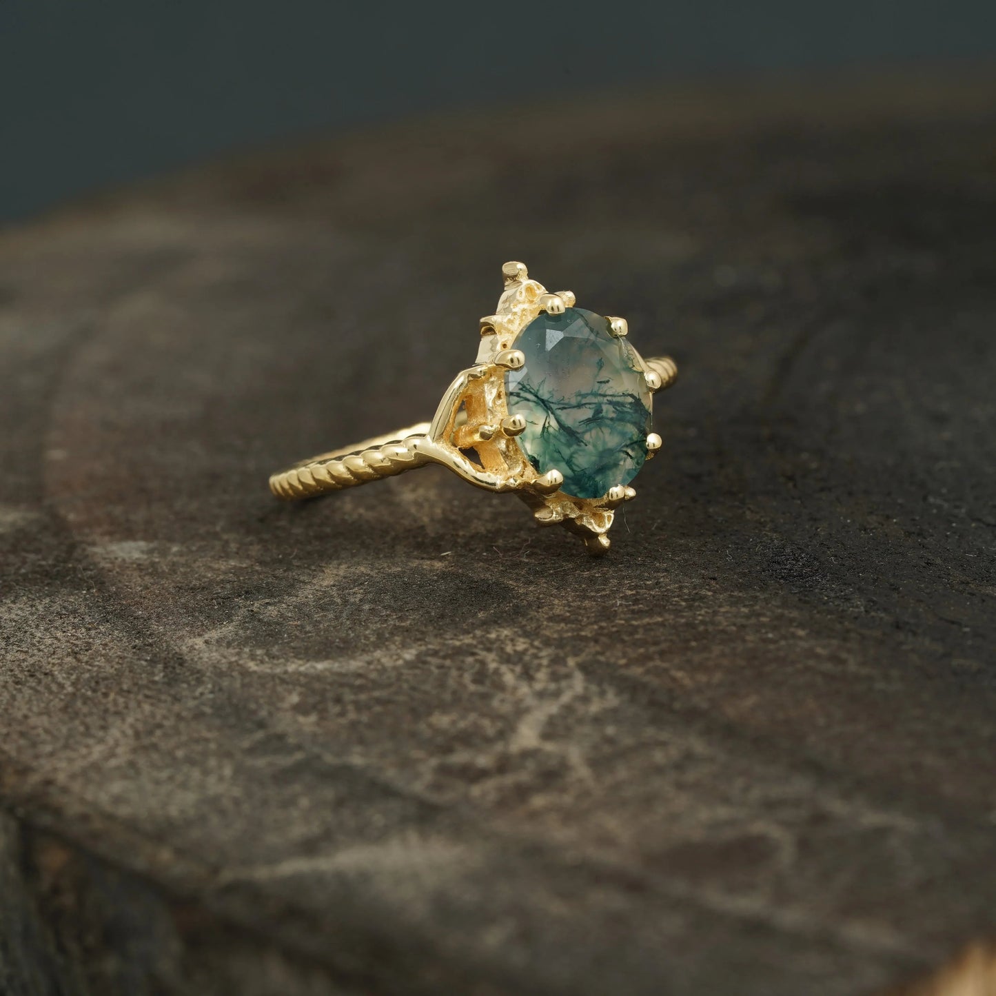 Vintage Oval Moss Agate 14k Gold Engagement Ring