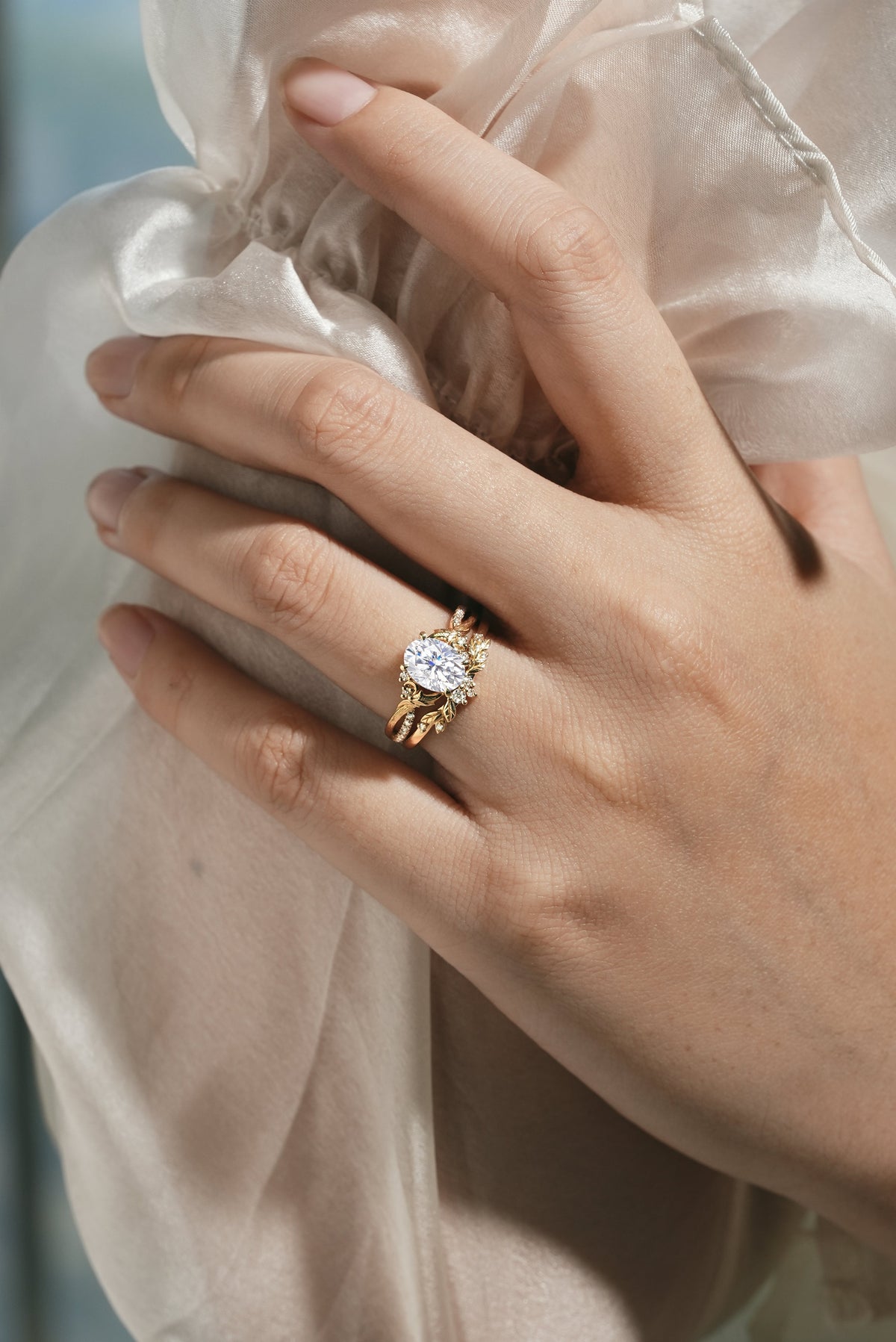 Moissanite Engagement Ring With Leaf Bark Texture Ring Set 2pcs