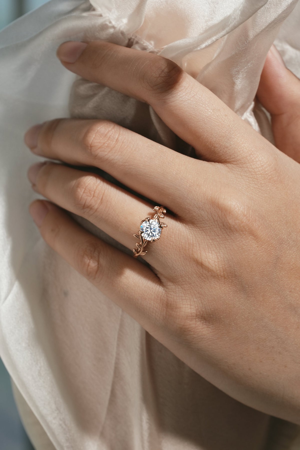 Round Cut Moissanite Leaf Engagement Ring