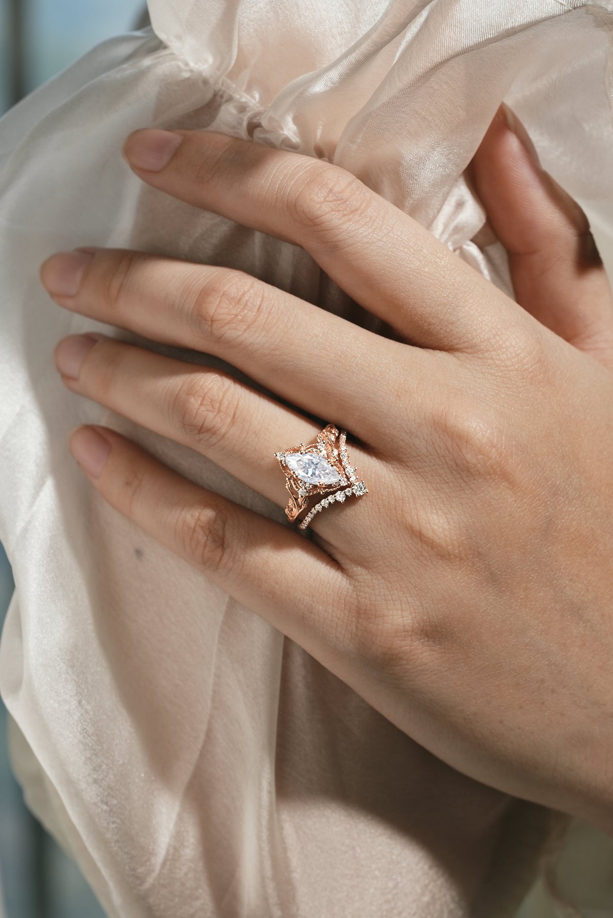 Marquise Cut Moissanite Engagement Ring With Curved Wedding Band 2pcs