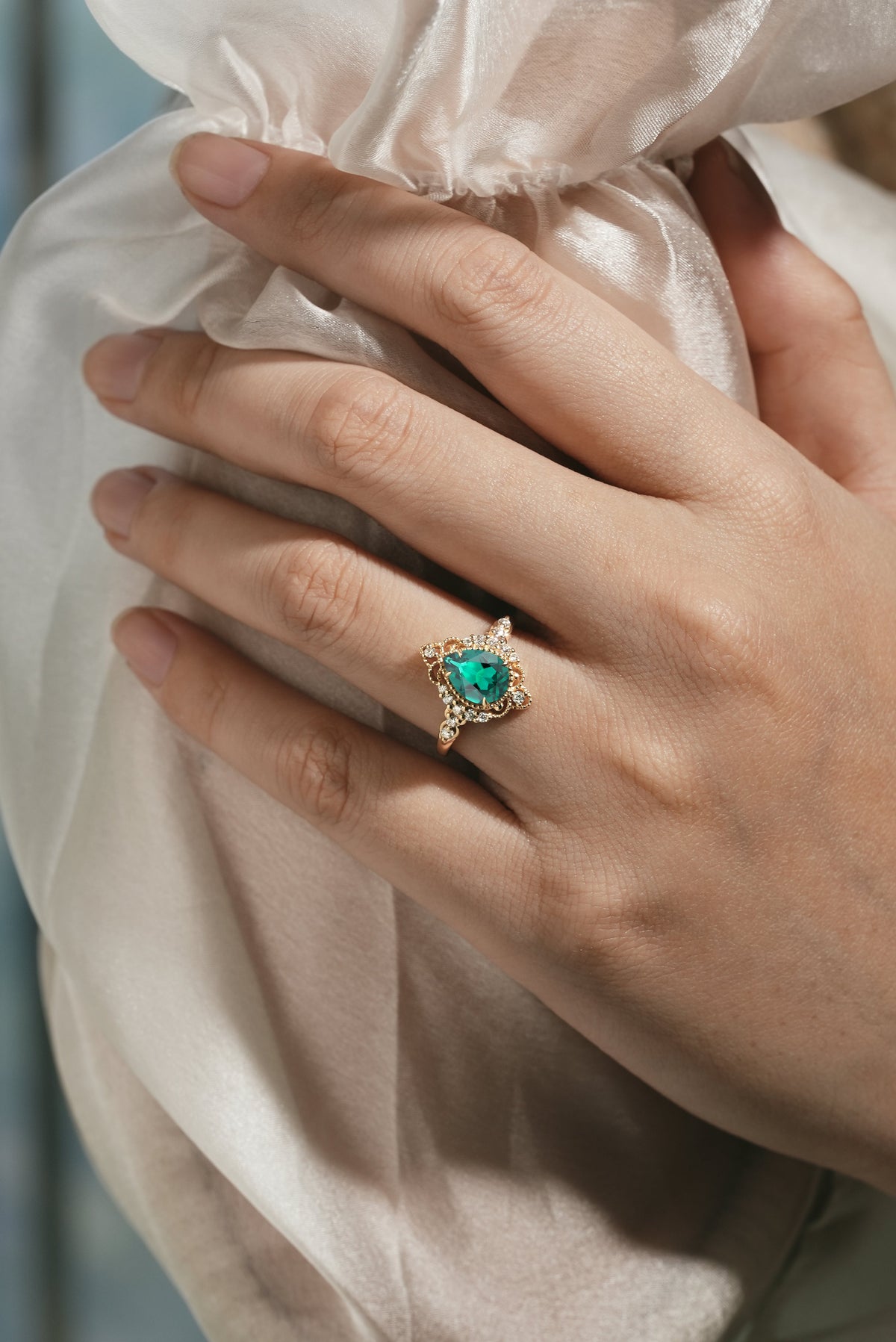 Pear Cut Lab Emerald Vintage Palace Style Engagement Ring