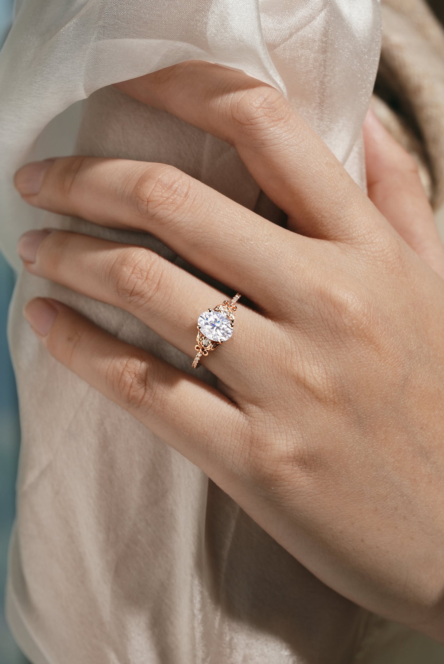 Leaf Inspired Oval Cut Moissanite Engagement Ring