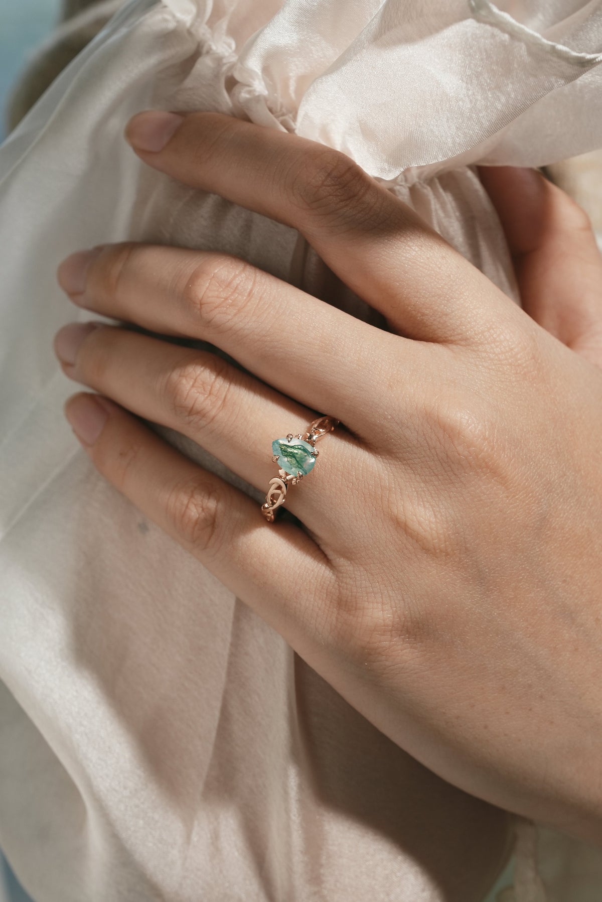 Pear Cut Moss Agate Branch Leaf Engagement Ring With Star And Moon