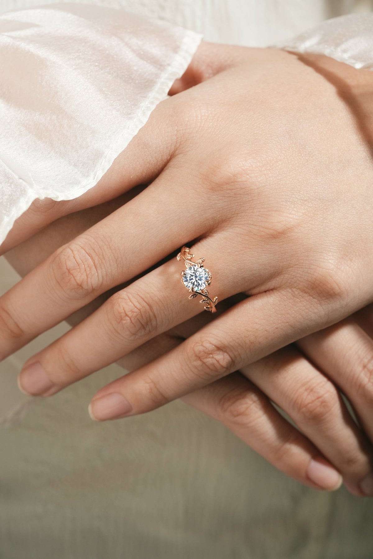 Round Cut Moissanite Leaf Engagement Ring