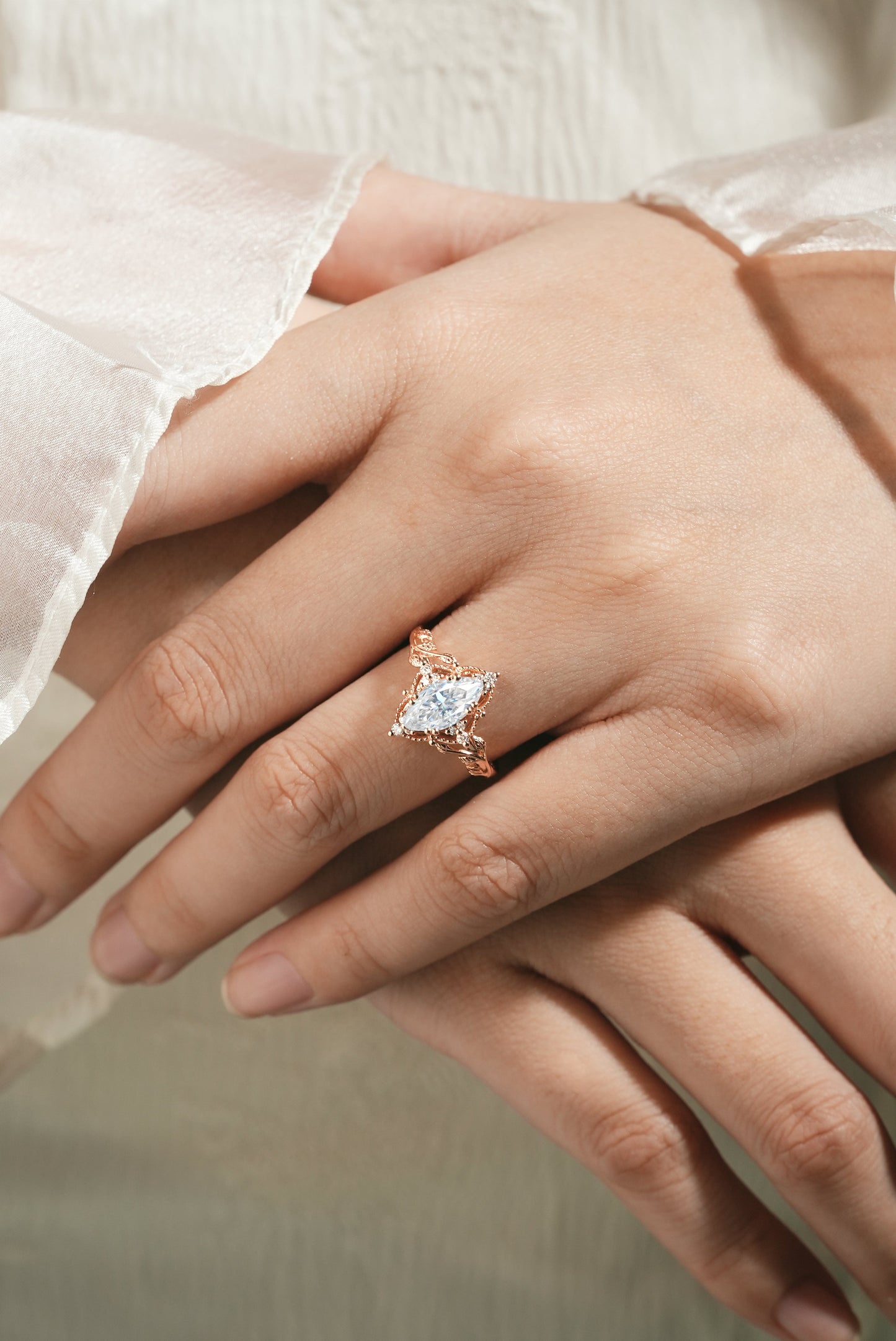 Marquise Cut Moissanite Ring with Leaf Design