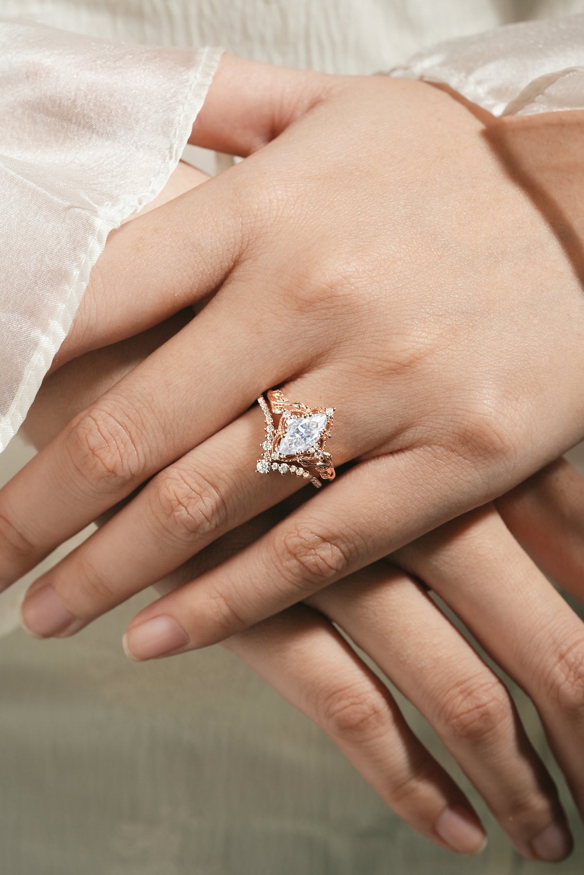 Marquise Cut Moissanite Engagement Ring With Curved Wedding Band 2pcs