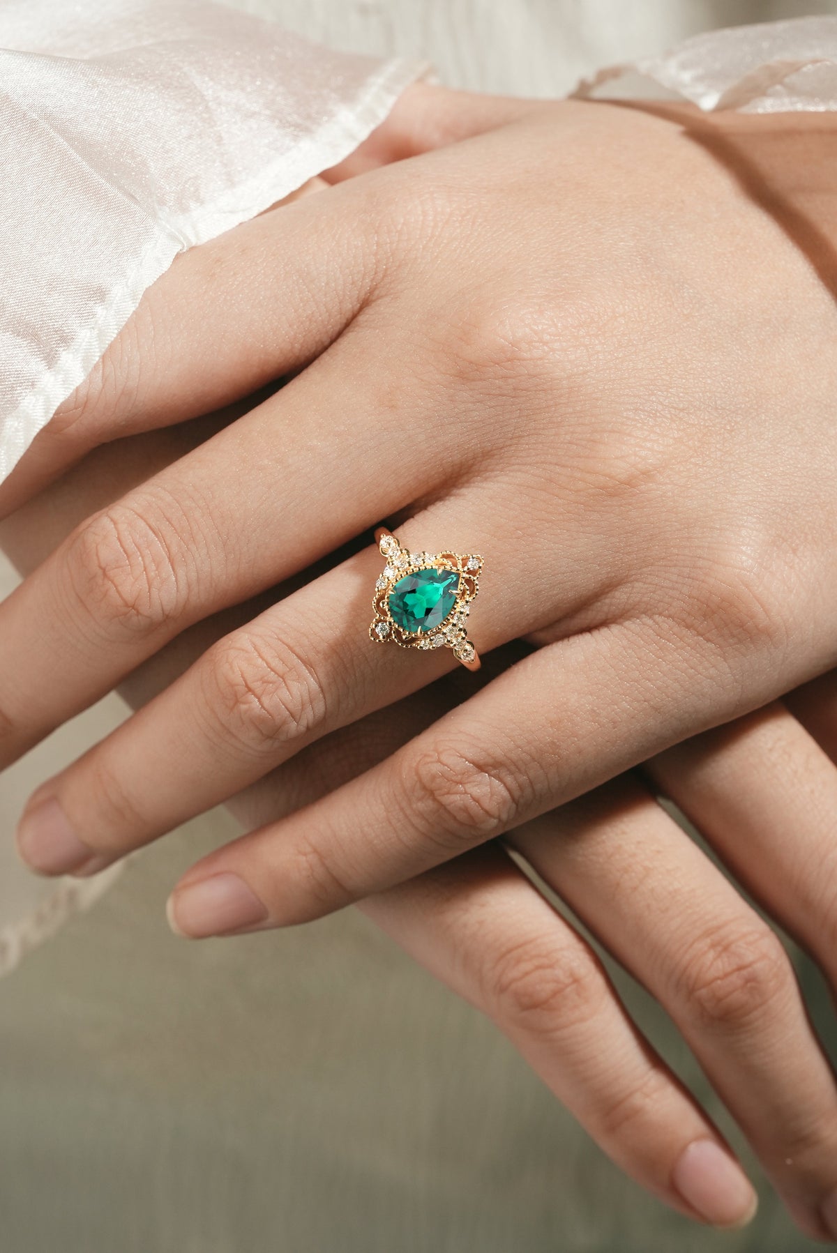 Pear Cut Lab Emerald Vintage Palace Style Engagement Ring