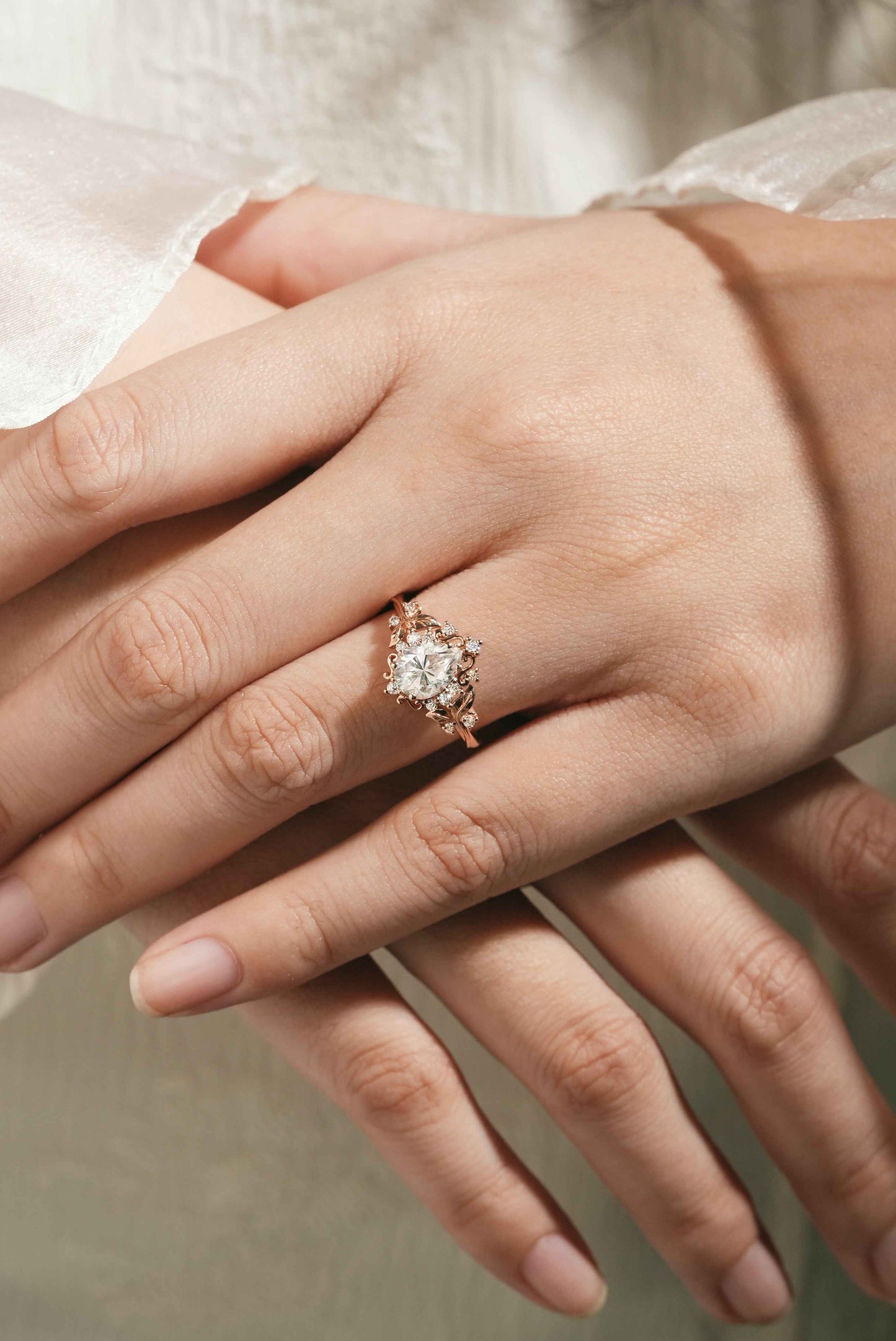 Leaf Inspired Pear Cut Moissanite Engagement Ring