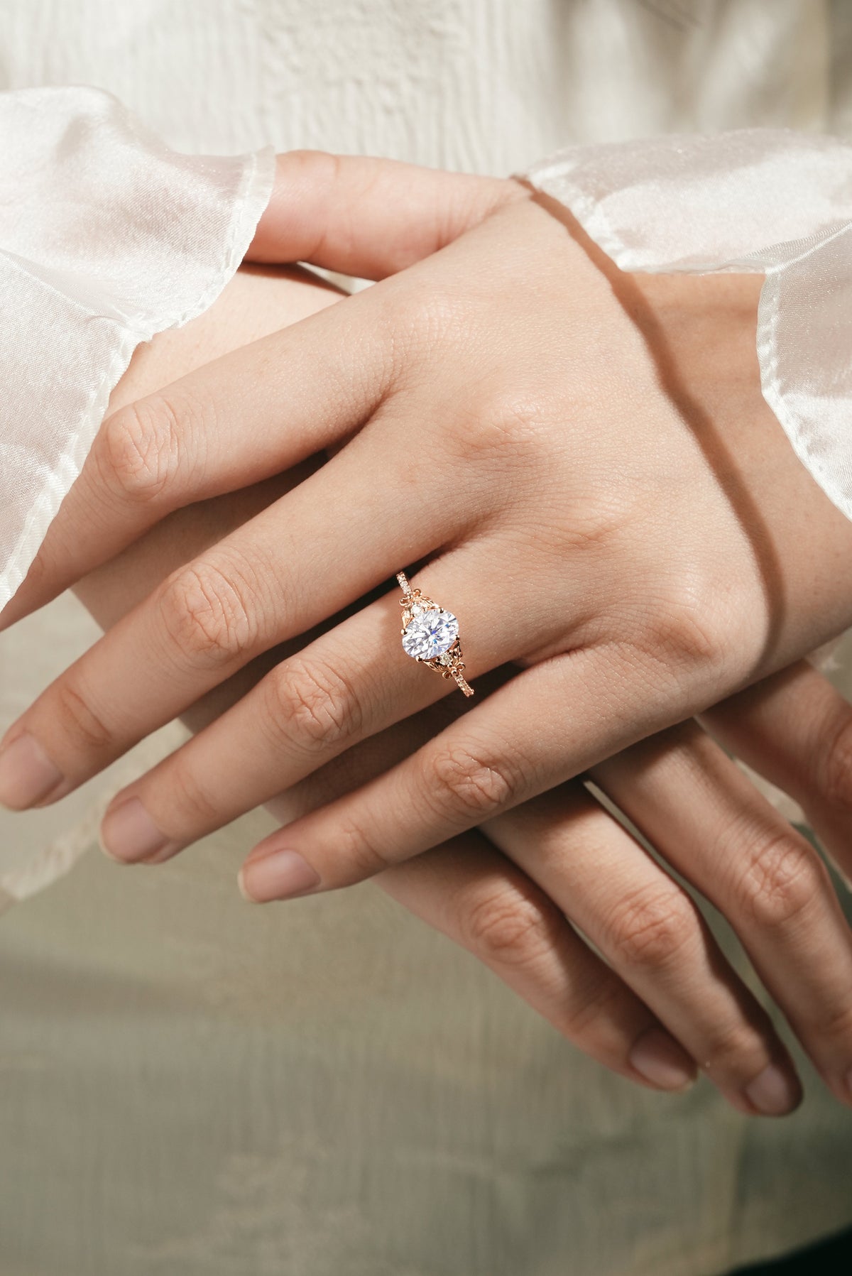 Leaf Inspired Oval Cut Moissanite Engagement Ring