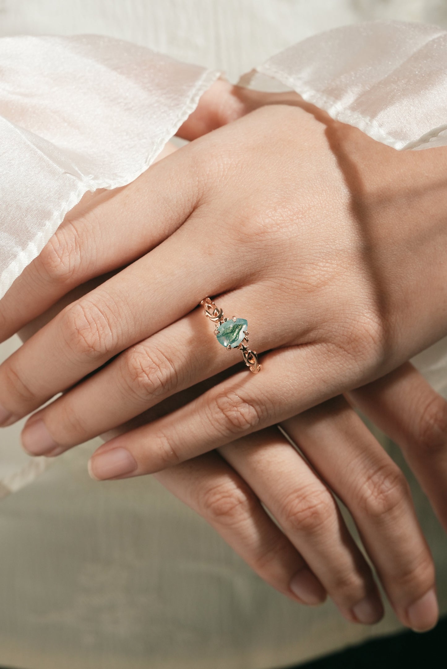 Pear Cut Moss Agate Branch Leaf Engagement Ring With Star And Moon