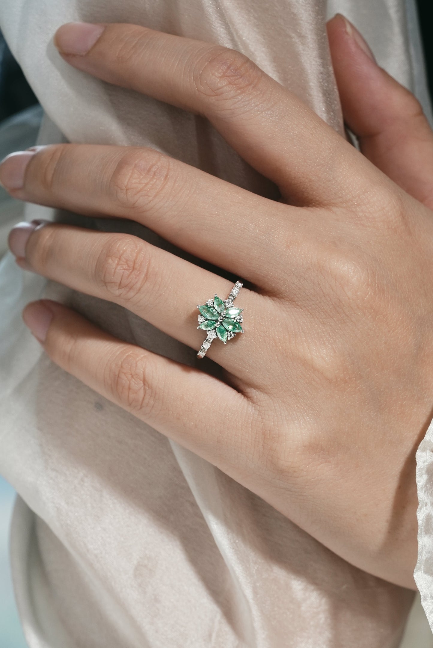 Marquise Cut Moss Agate Petal Engagement Ring
