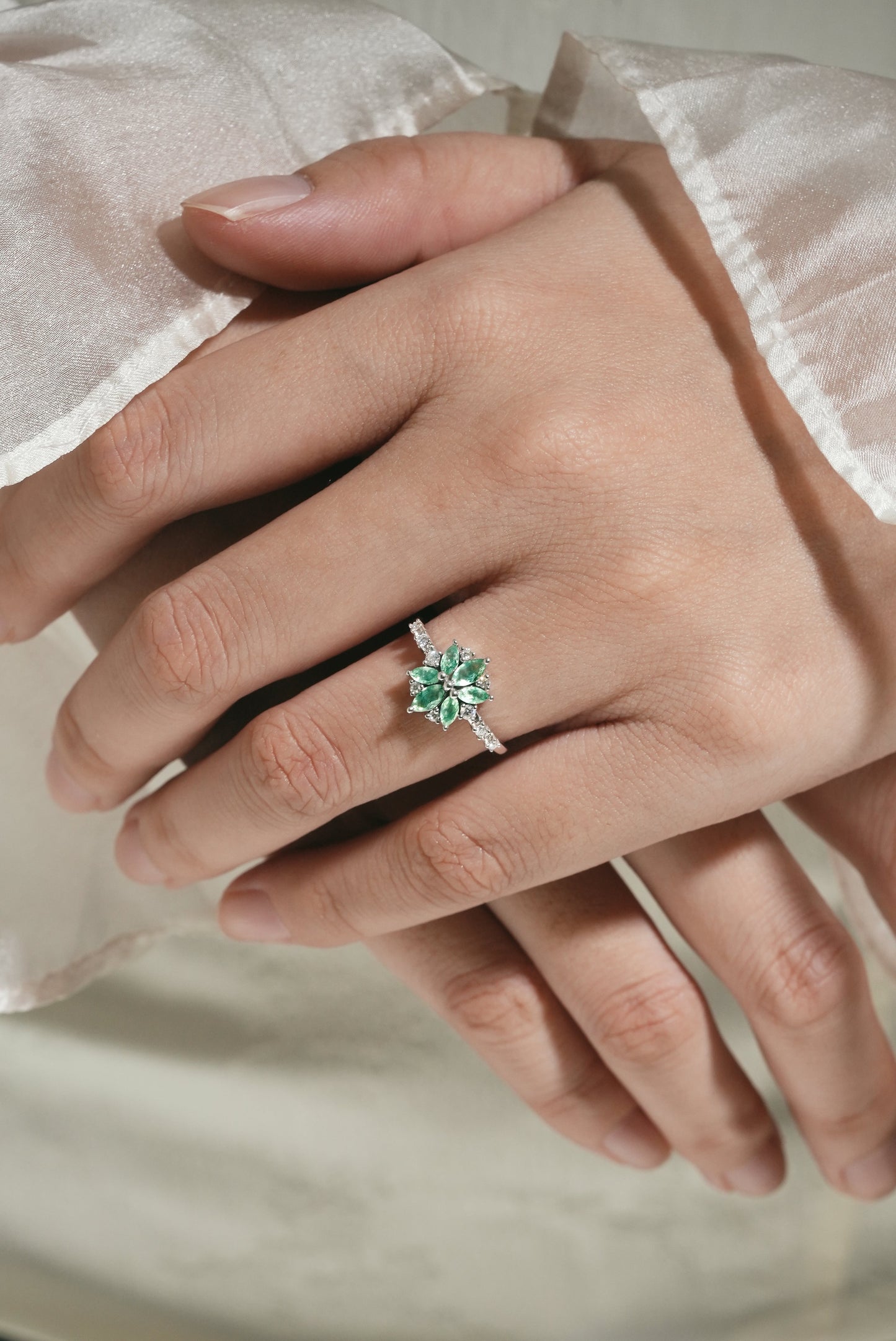 Marquise Cut Moss Agate Petal Engagement Ring