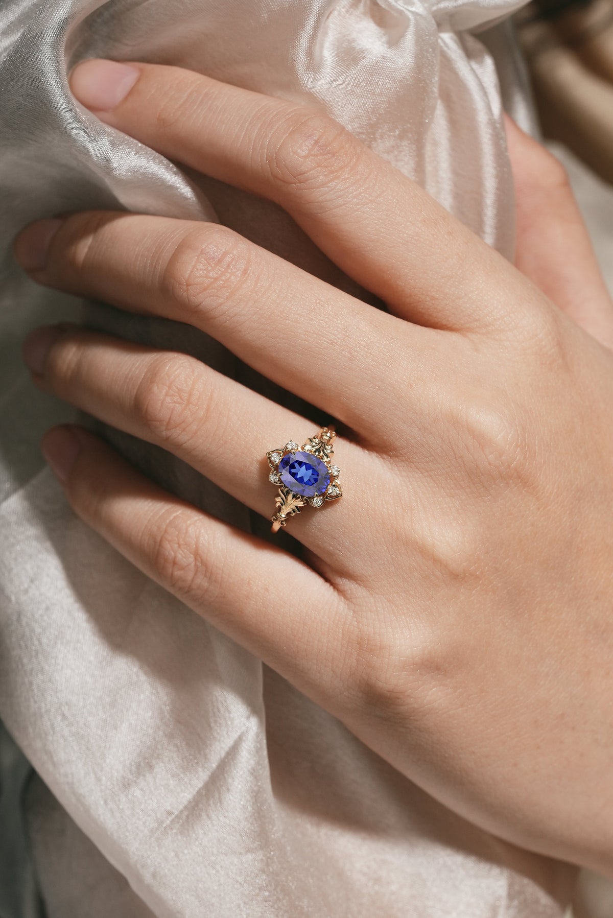 Oval Cut Royal Blue Sapphire Engagement Ring With Iris
