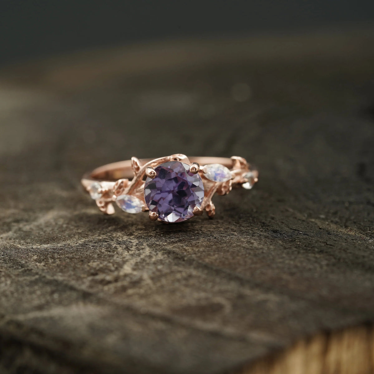 Round Alexandrite & Moonstone Inspired Leaf Design Engagement Ring